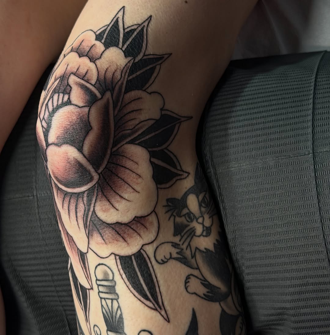 Tattoo by @sarahbobbyart — american_traditional, black_and_grey