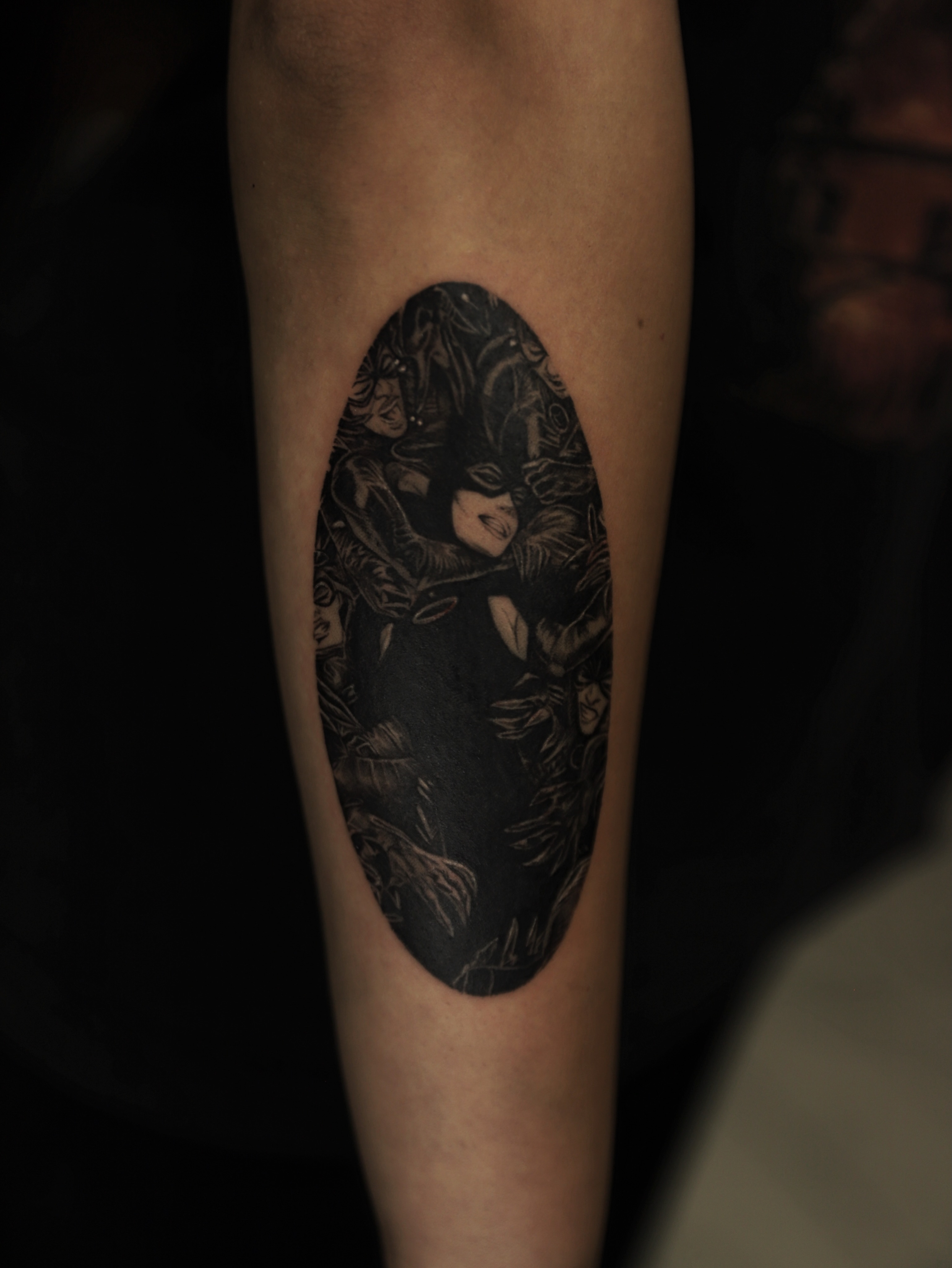 Catwoman black and grey tattoo on the forearm by Las Vegas tattoo