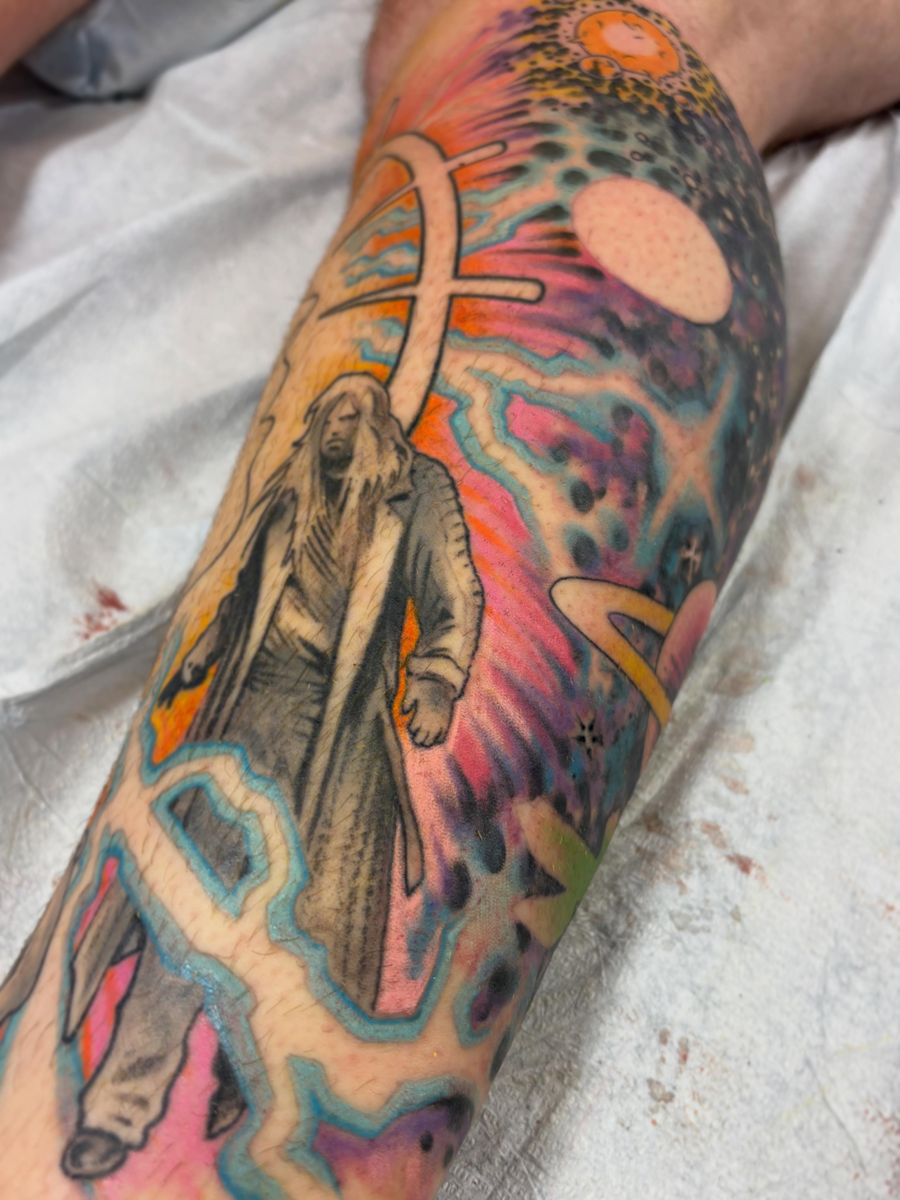 Apocalyptic scene illustrative tattoo on the forearm by dayton skuse, Portland, Oregon