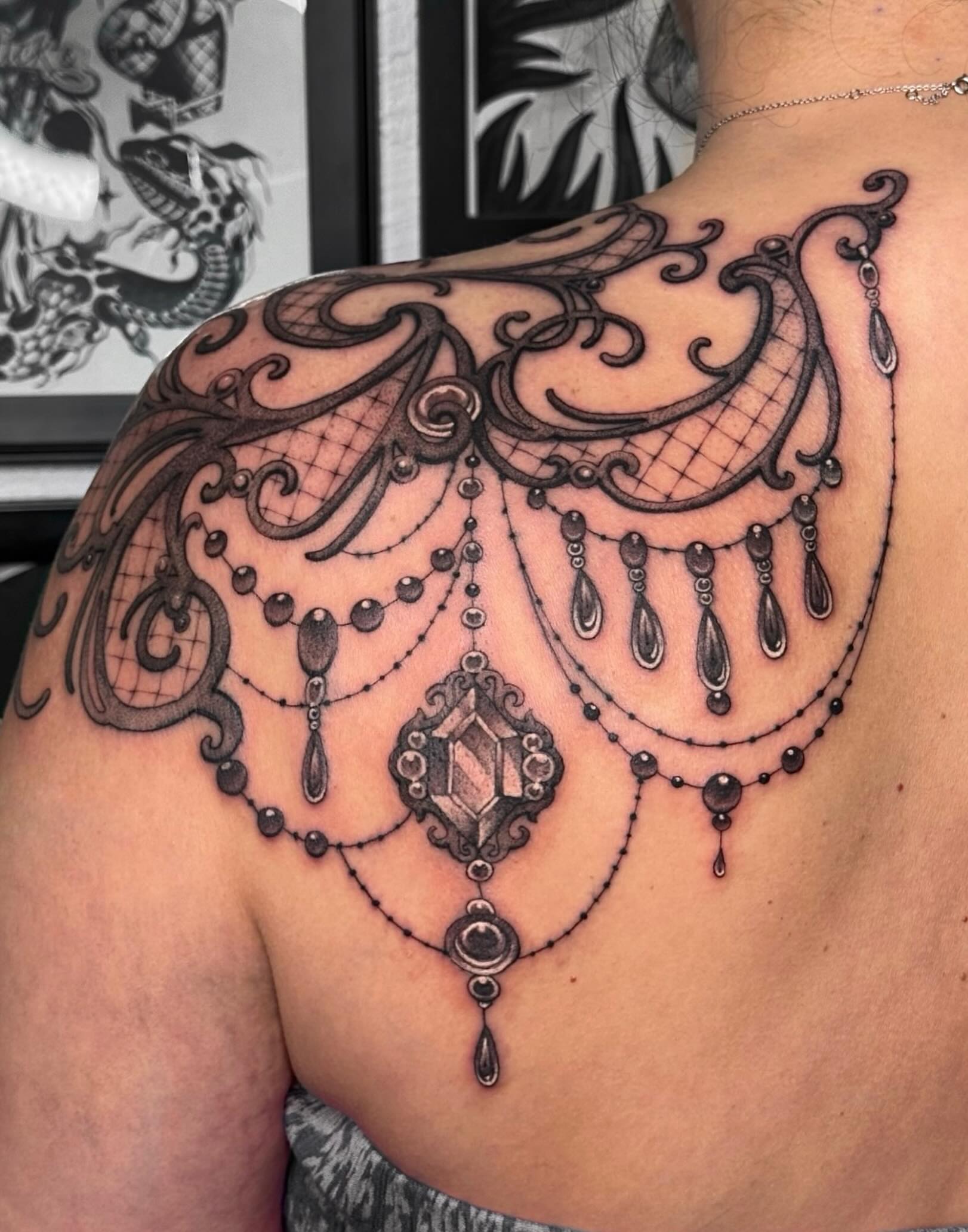 Ornamental chandelier ornamental tattoo on the shoulder by ☠︎ Mikayla Benson  ☠︎