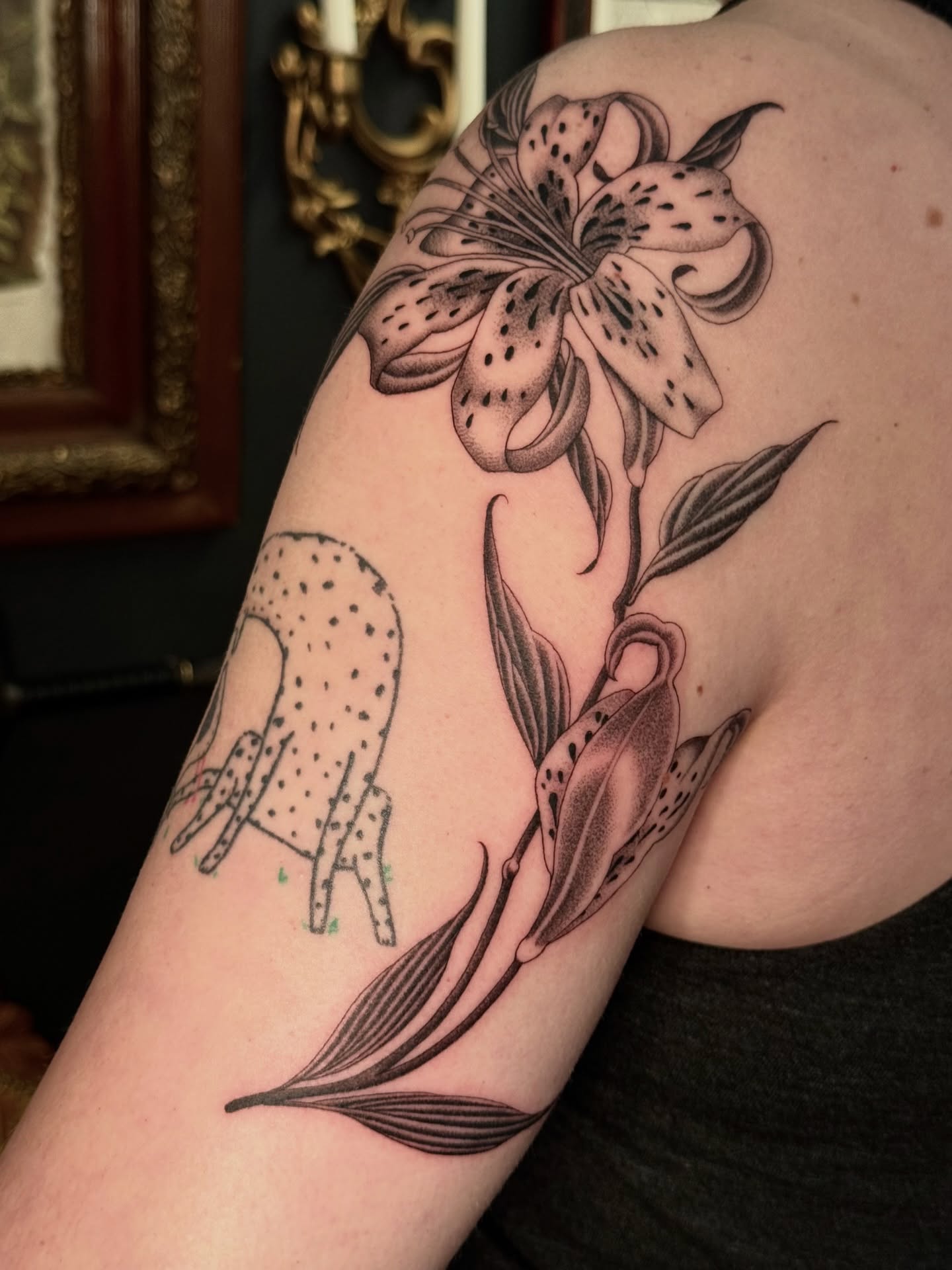 Lily and deer dotwork tattoo on the shoulder by Virginia 🥀Neo Traditional