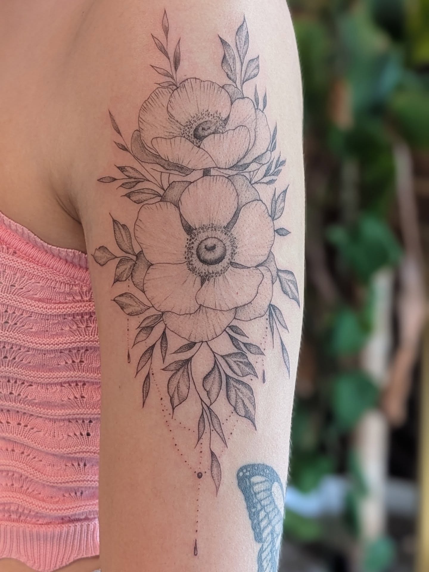Flowers dotwork tattoo on the forearm by Arminda Walborn