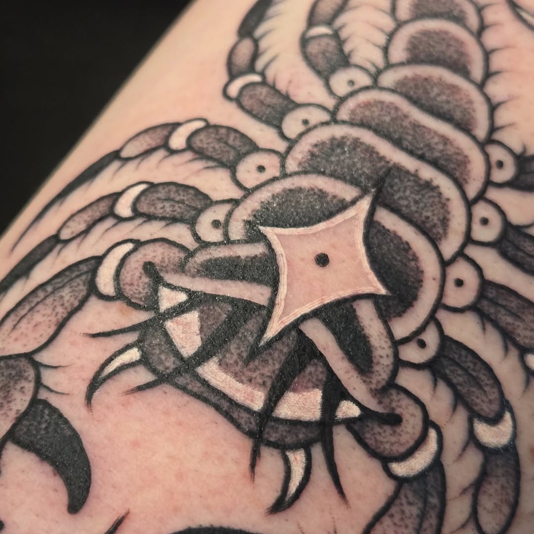 Scorpion black and grey tattoo on the upper arm by ◇  Kristyn Kay  ◇ Tattoo Warlock, Des Moines, Iowa
