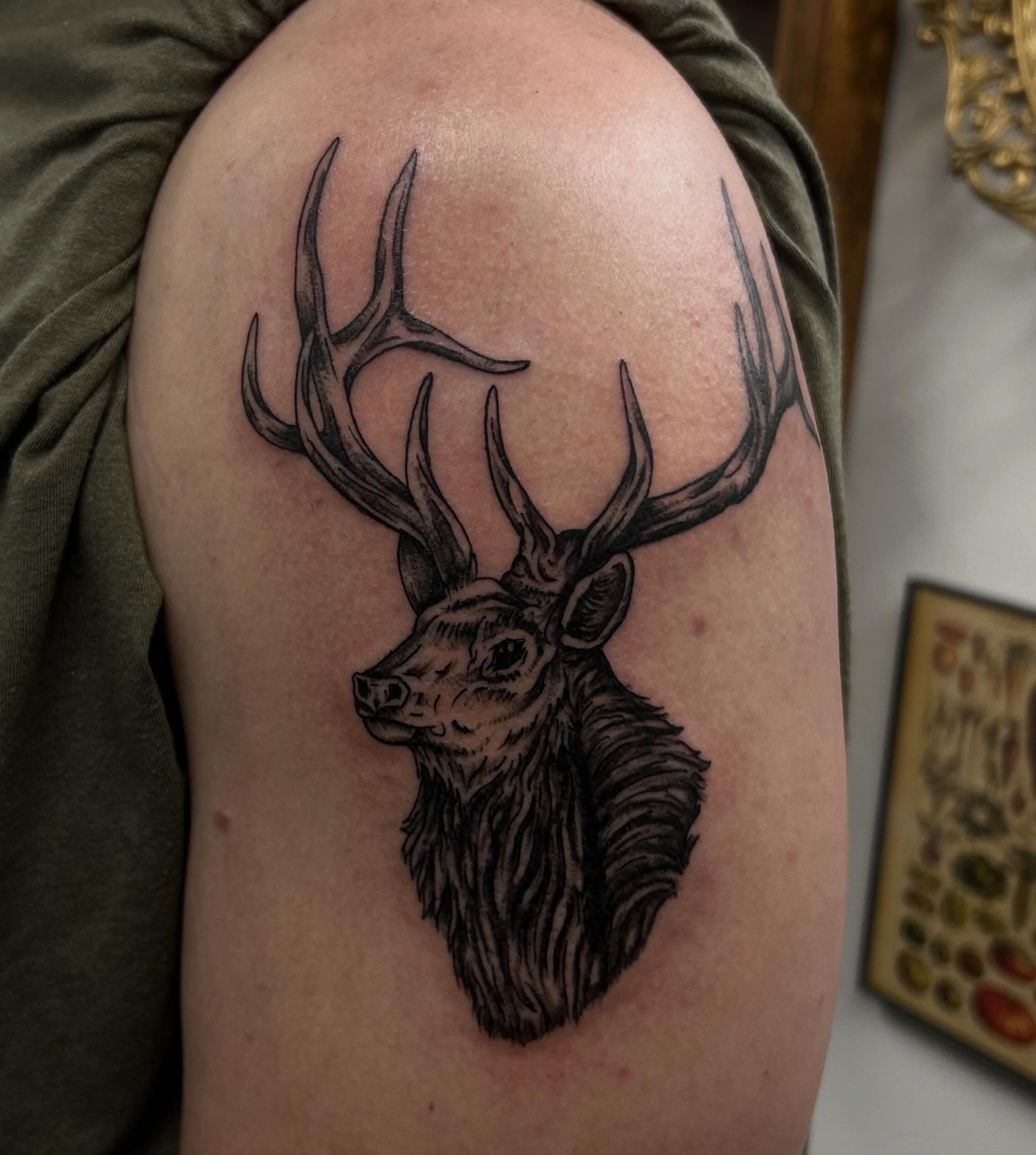 Deer head realism tattoo on the shoulder by Kenadee