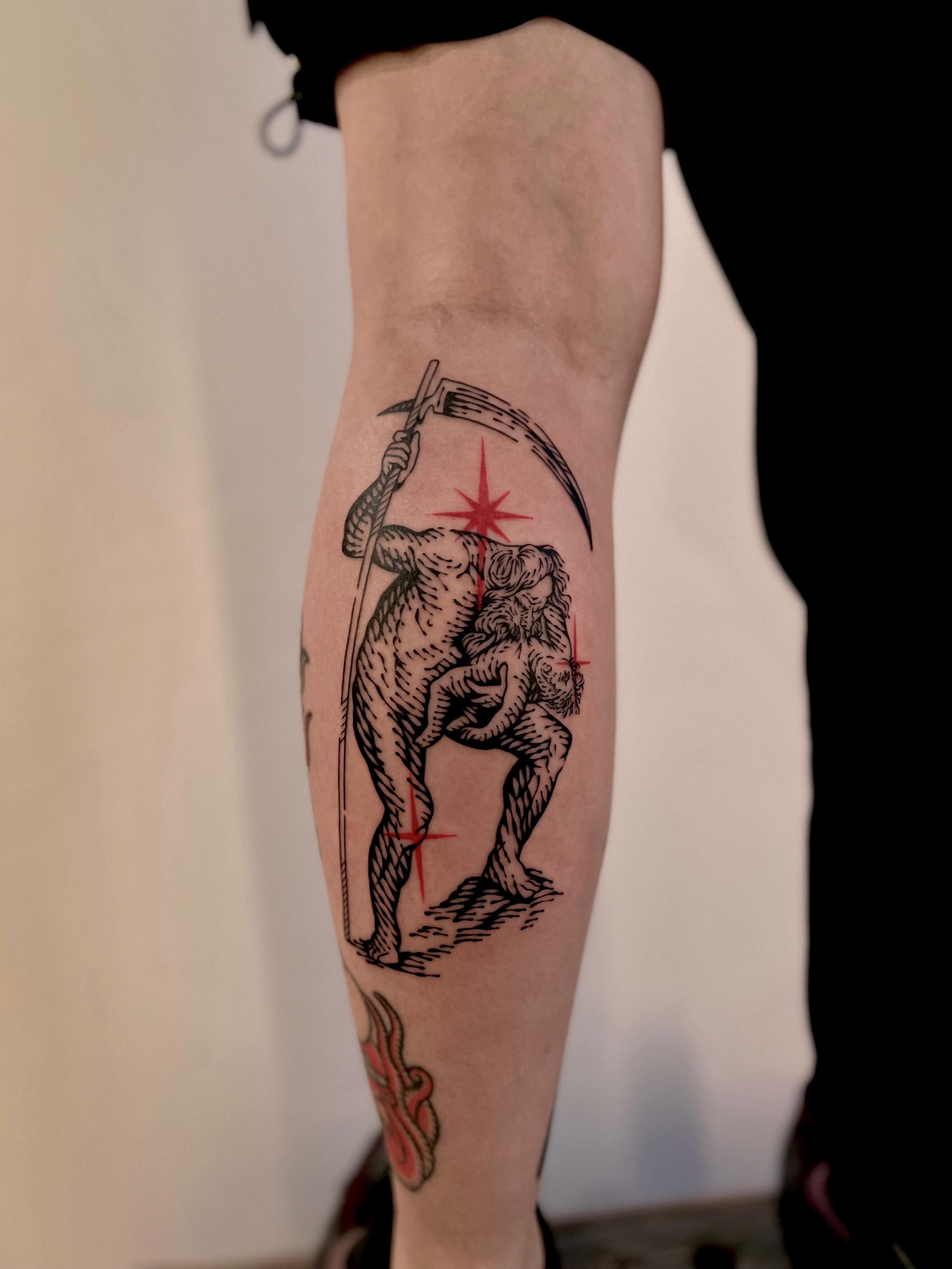 Grim reaper black and grey tattoo on the forearm by Wonny