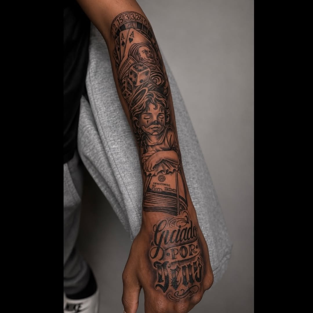 Gambling theme with child and lettering realism tattoo on the forearm by Mauricio gois
