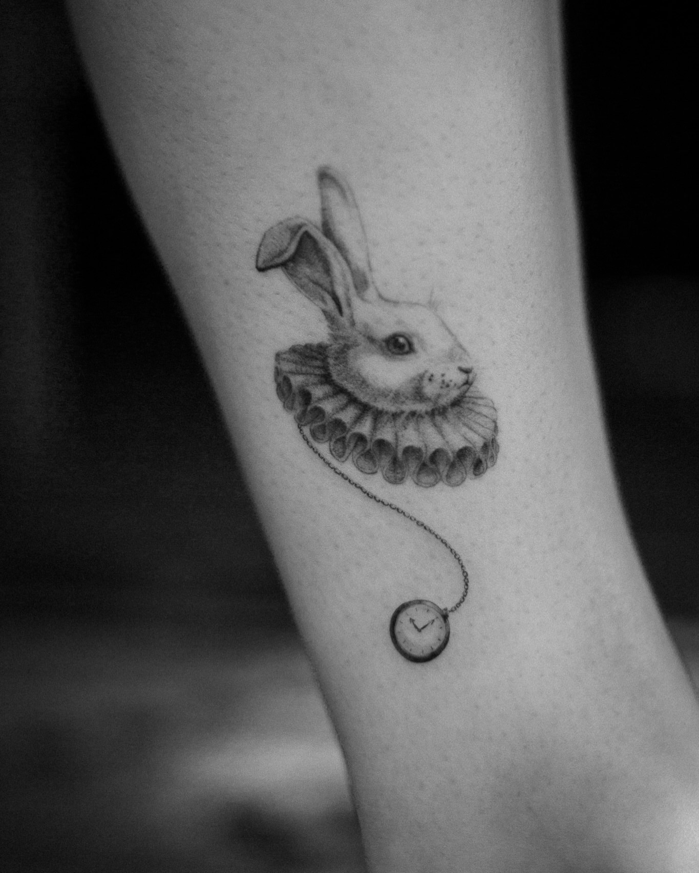 Rabbit with ruff realism tattoo on the forearm by Aries Rising