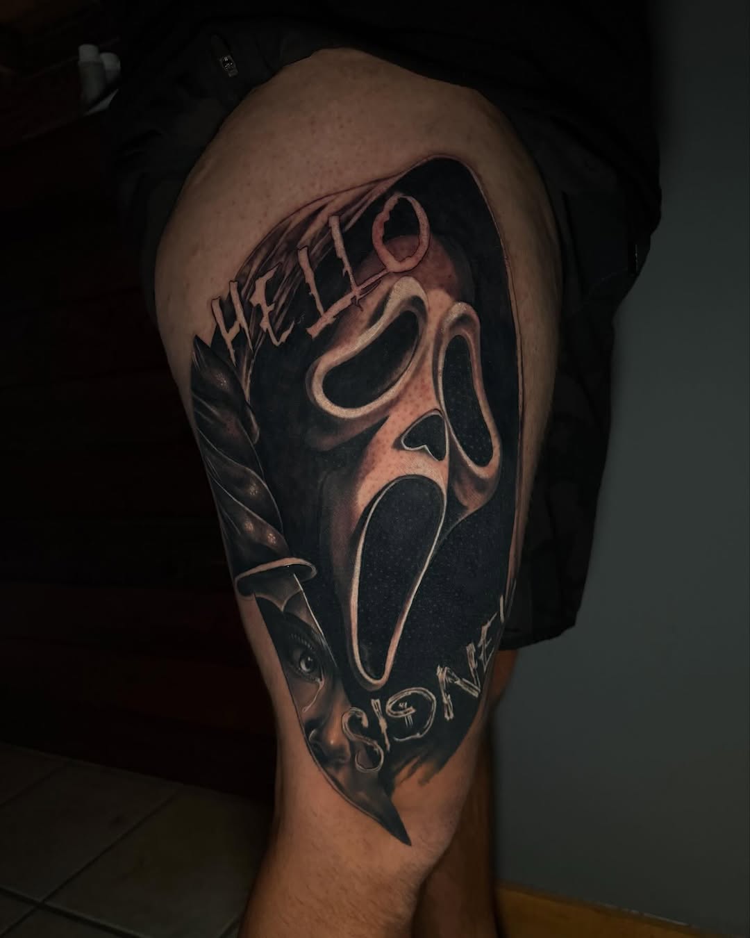 Realism tattoo on the thigh by T, Saugus, Massachusetts