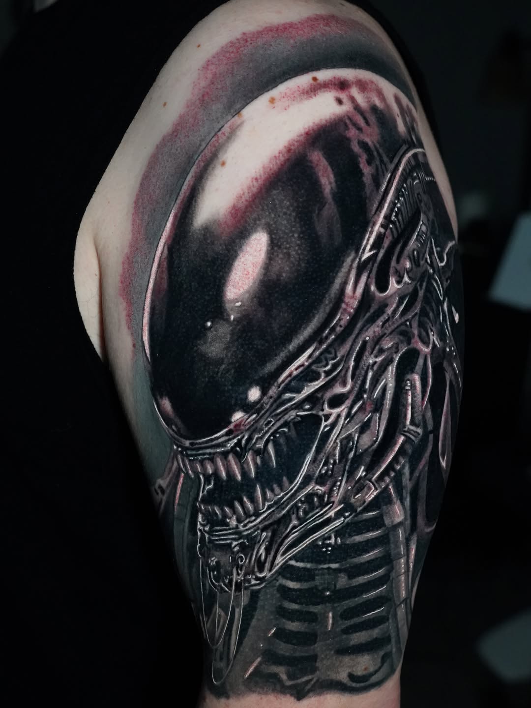 Alien xenomorph head realism tattoo on the shoulder by Joshua Phillips, Mansfield, Ohio