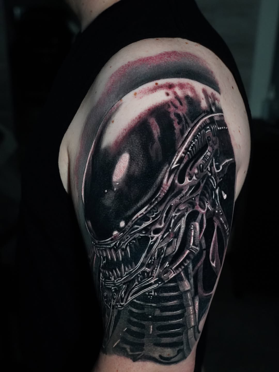 Xenomorph alien head realism tattoo on the shoulder by Joshua Phillips, Mansfield, Ohio