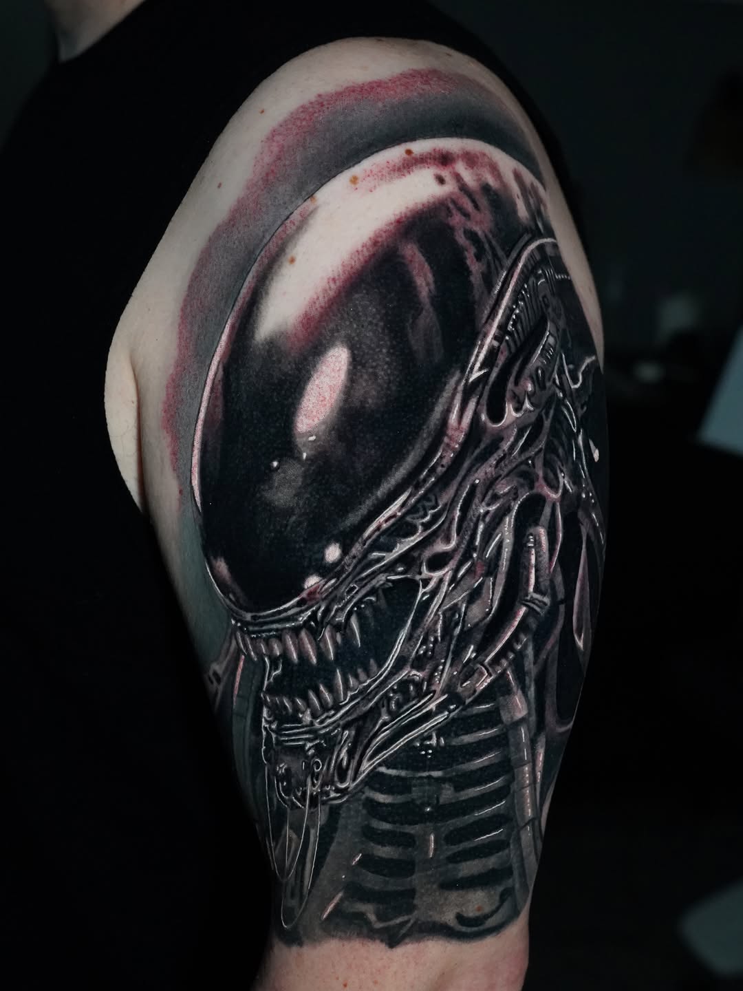 Xenomorph alien head realism tattoo on the shoulder by Joshua Phillips, Mansfield, Ohio