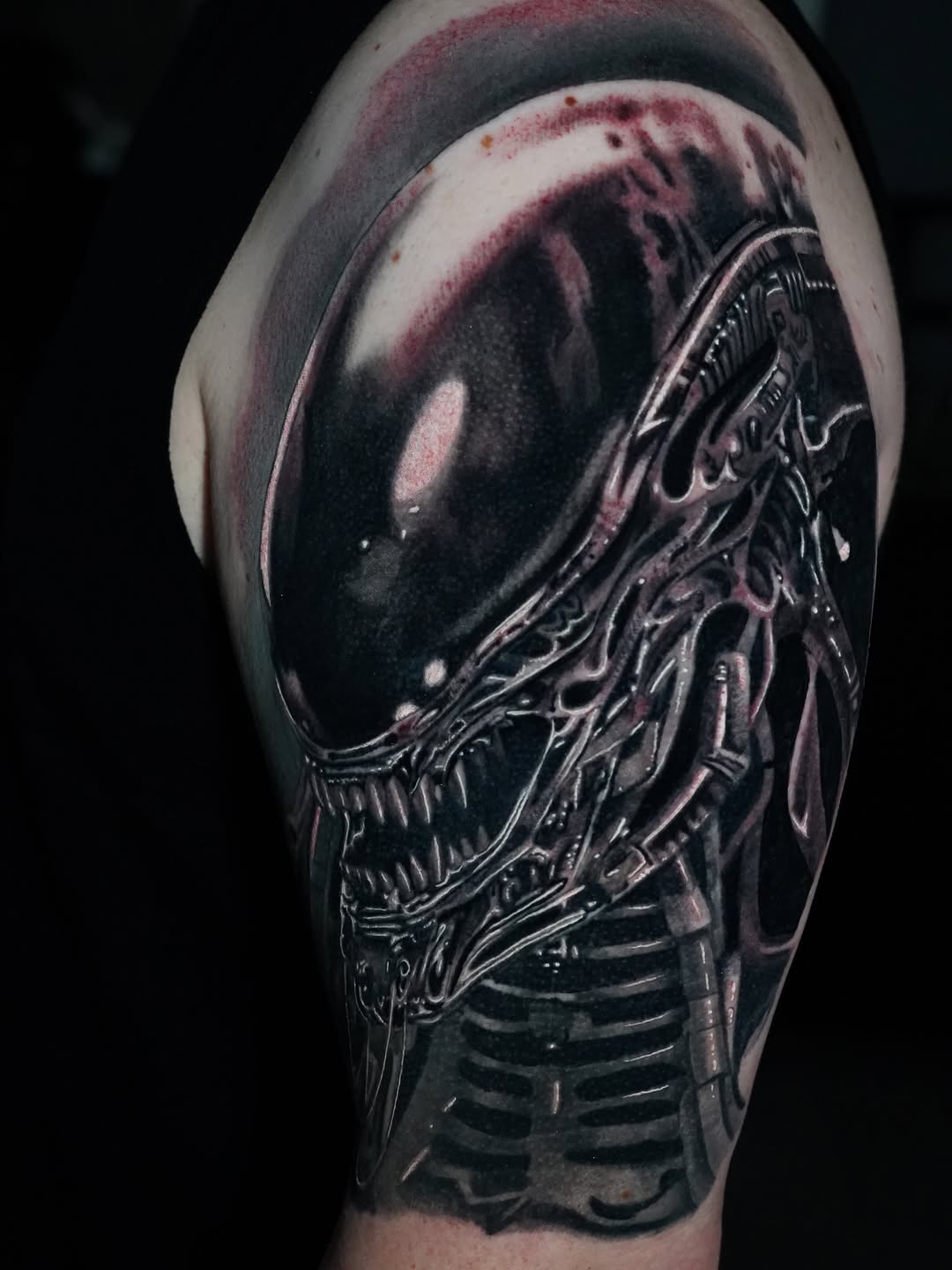 Alien xenomorph head realism tattoo on the shoulder by Joshua Phillips, Mansfield, Ohio