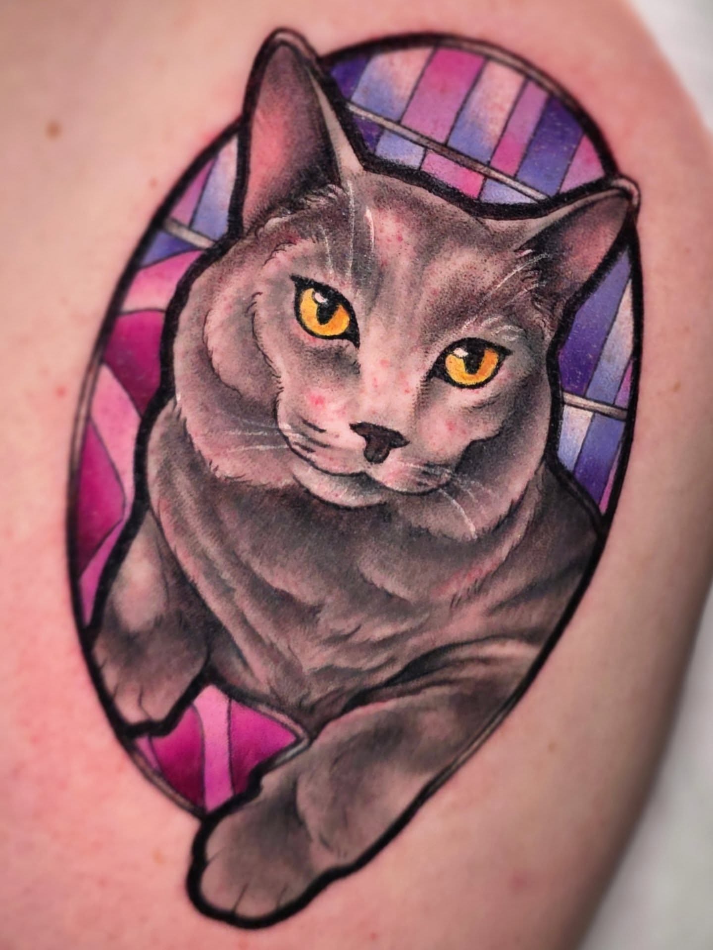 Stained glass cat realism tattoo on the thigh by April High ☆ Tattoo Artist