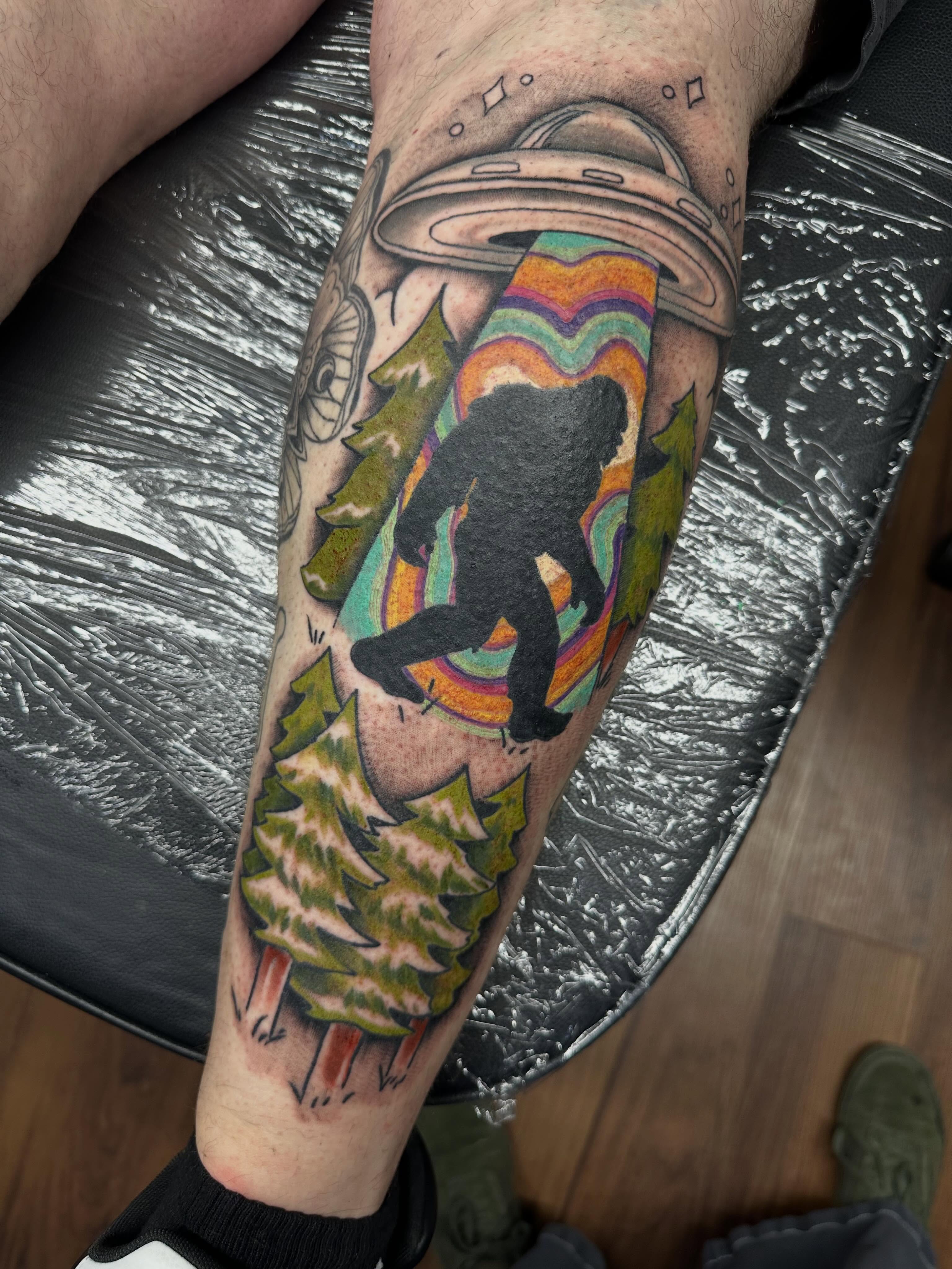 Bigfoot new school tattoo on the forearm by Lindsey Bendsey