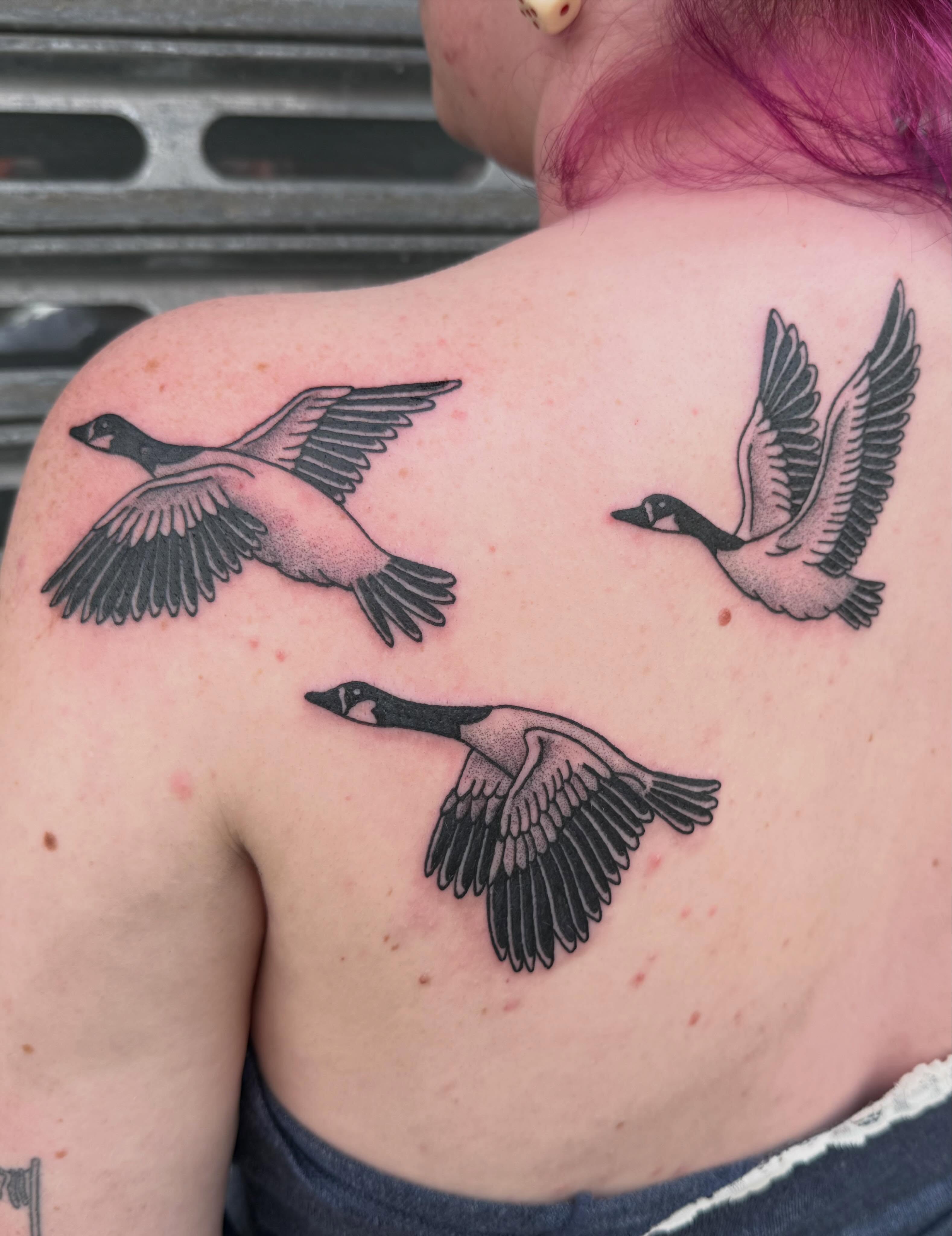 Geese black and grey tattoo on the shoulder by CAT