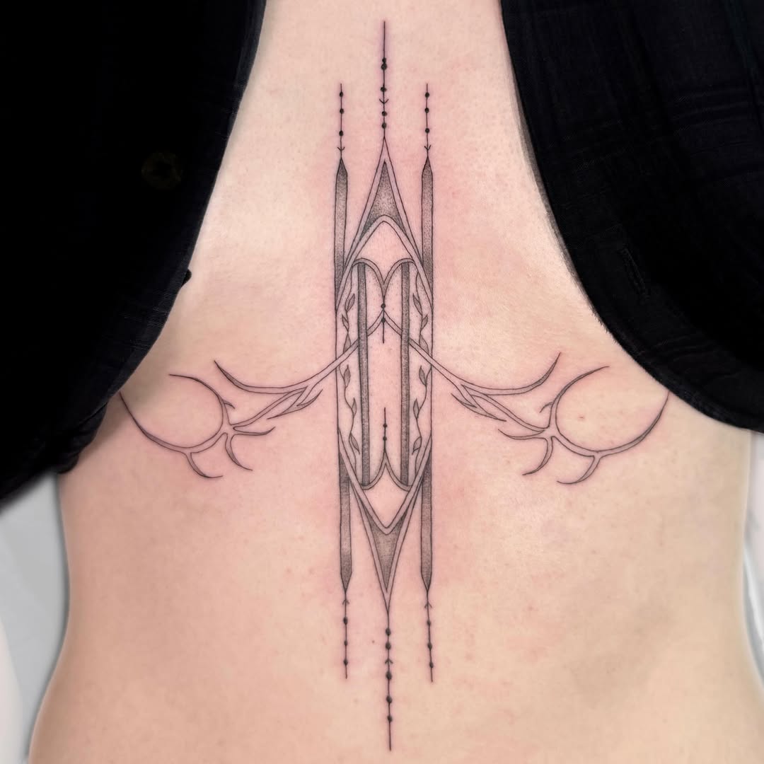 Abstract geometric design with branches cyber sigilism tattoo on the ribs by Nika