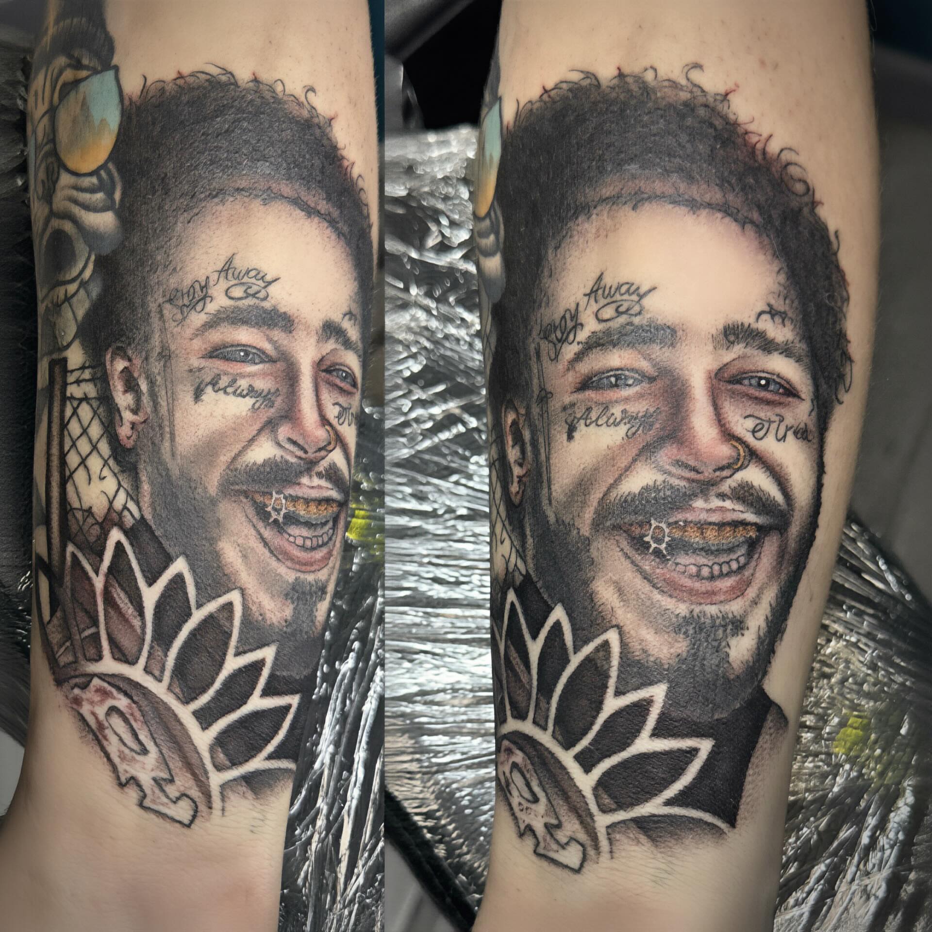 Portrait of a smiling man realism tattoo on the forearm by Mikaila Jean