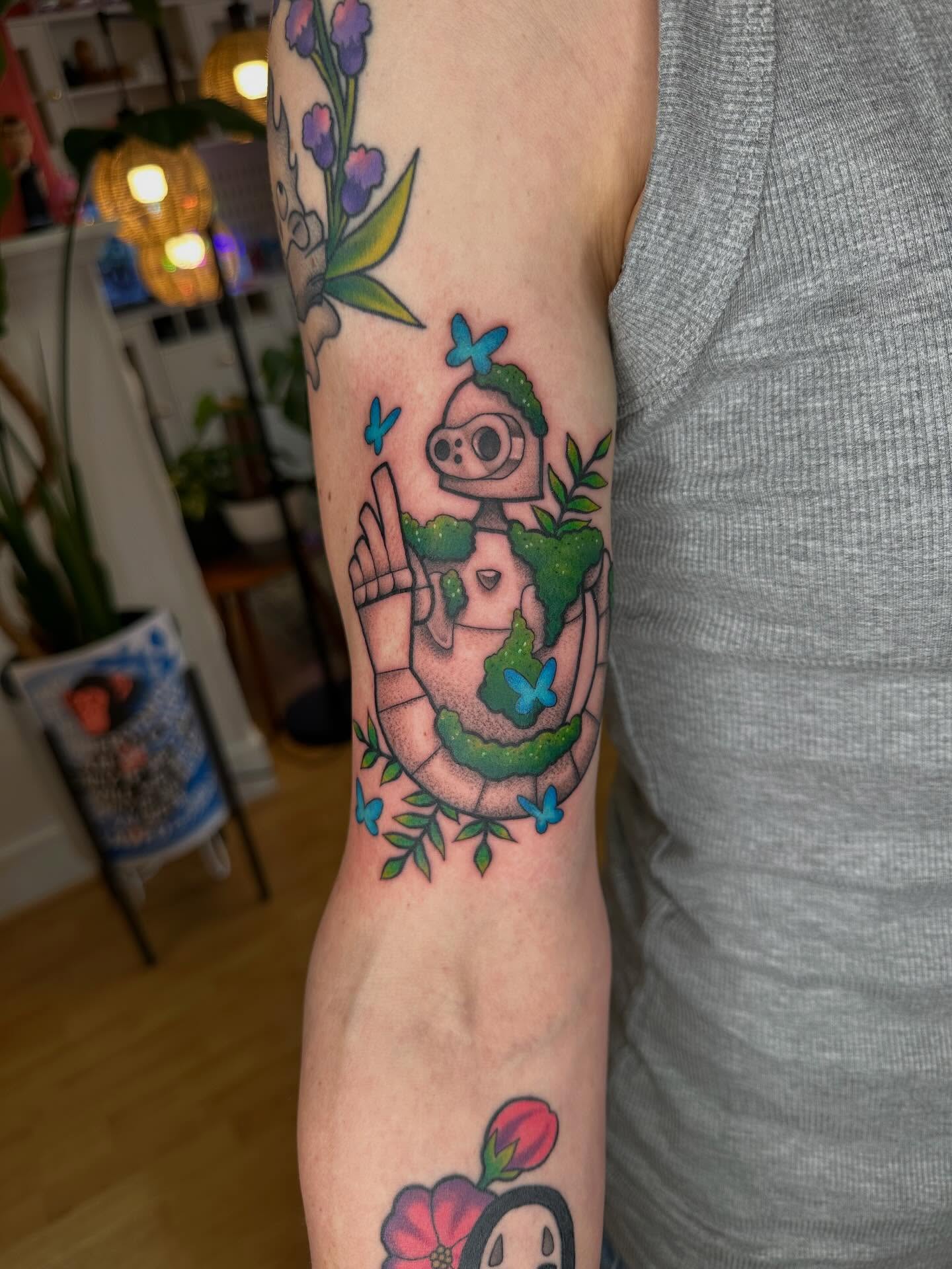 Robot with plant new school tattoo on the forearm by ✨ Mandy Foster - Bremerton Tattoo Artist✨, Bremerton, Washington