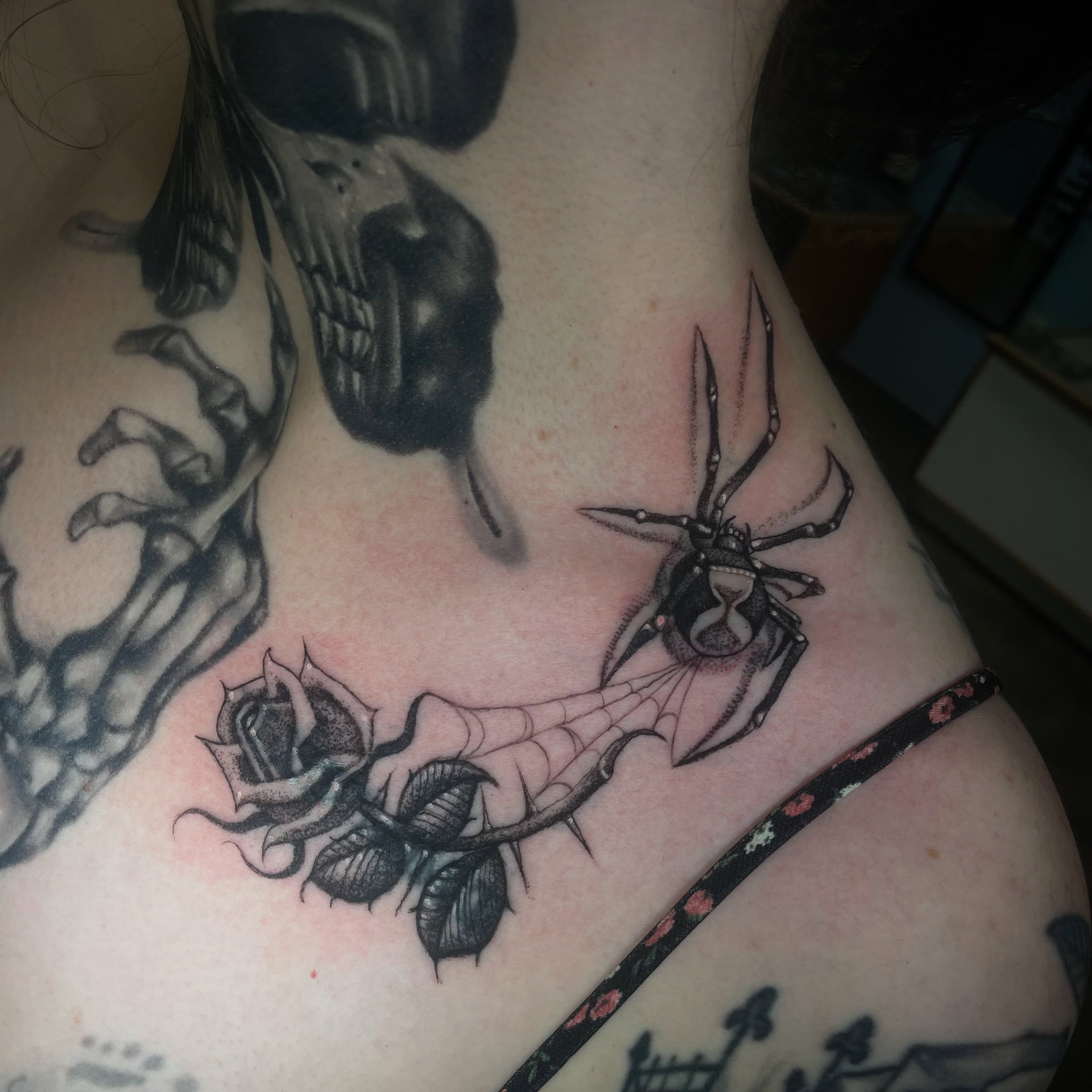 Spider and rose realism tattoo on the chest by Shadoww Espinoza