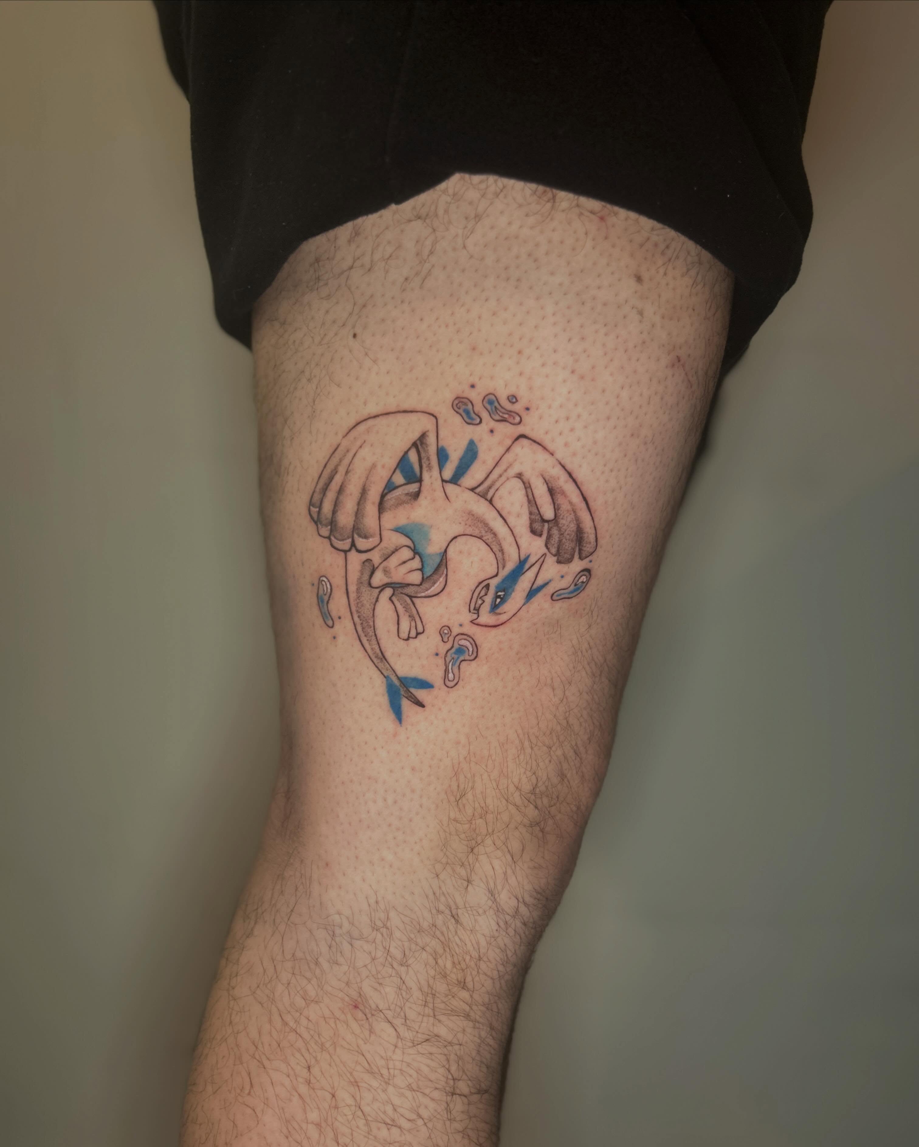 Dragon dotwork tattoo on the thigh by Alex