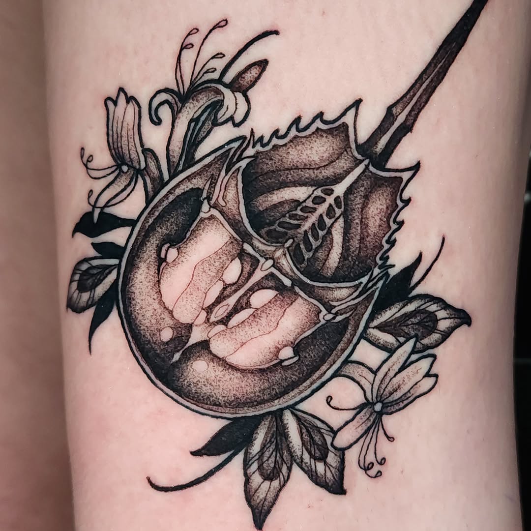 Peach and flowers dotwork tattoo on the forearm by Mario Romero