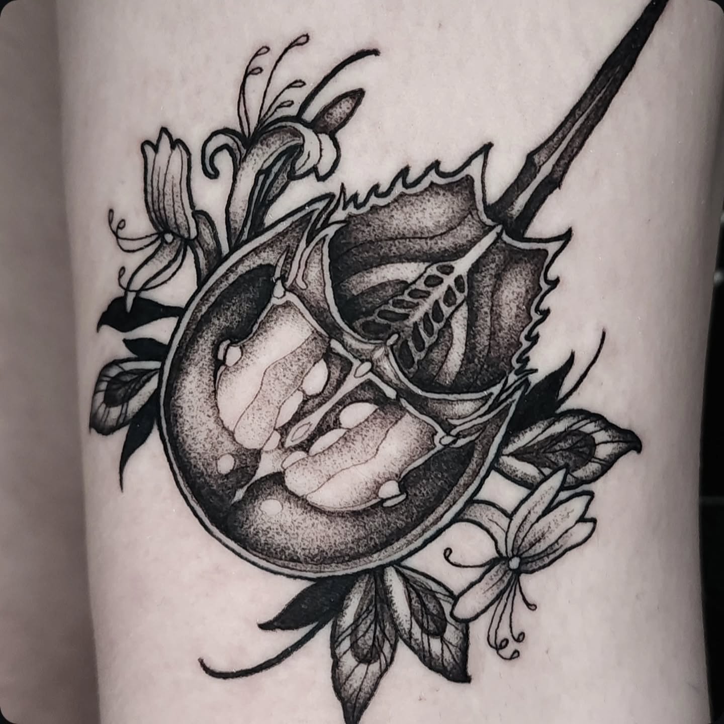 Skull and flowers dotwork tattoo on the forearm by Mario Romero