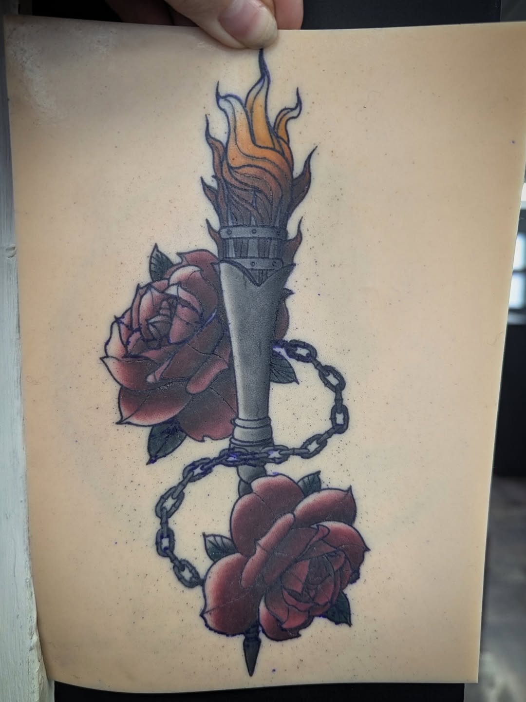 Torch with roses and chain neo-traditional tattoo by Payton
