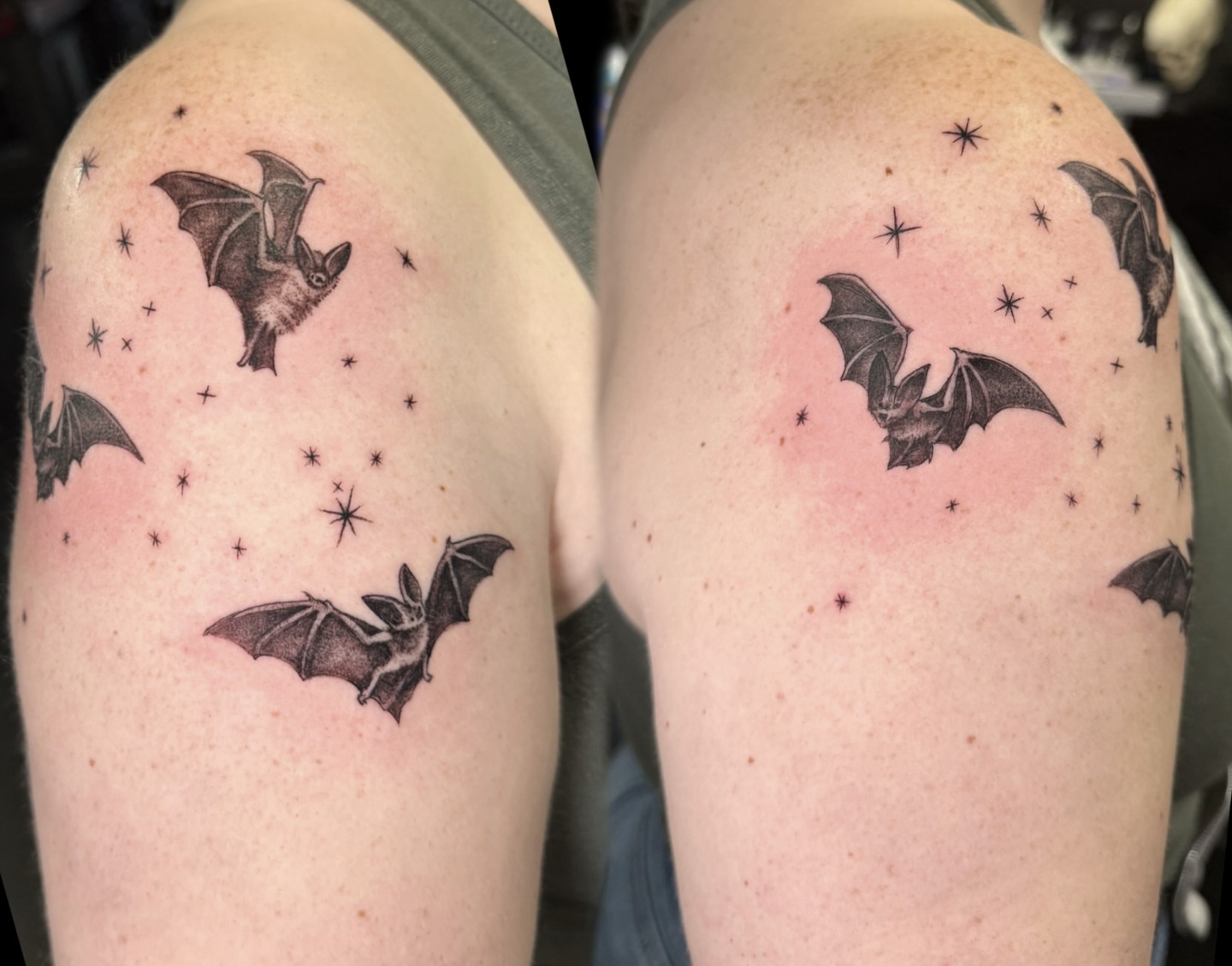 Bats and stars dotwork tattoo on the shoulder by Madeleine Fleming