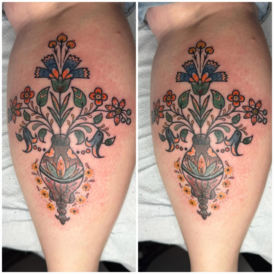 Floral arrangement American traditional tattoo on the thigh by Andrea Lynne Hastings-Craven Tattoo Artist, Cleveland, Ohio