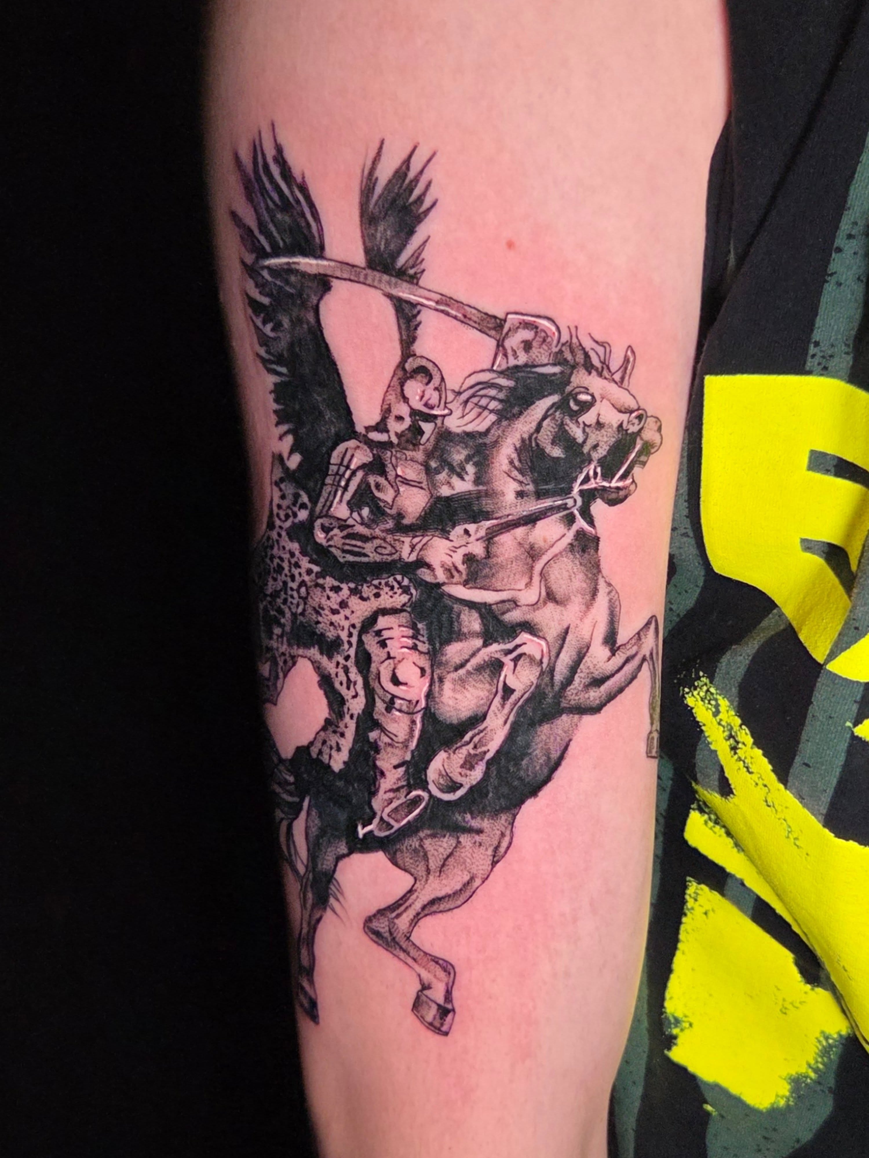 Warrior on horseback realism tattoo on the forearm by Maya Neideck