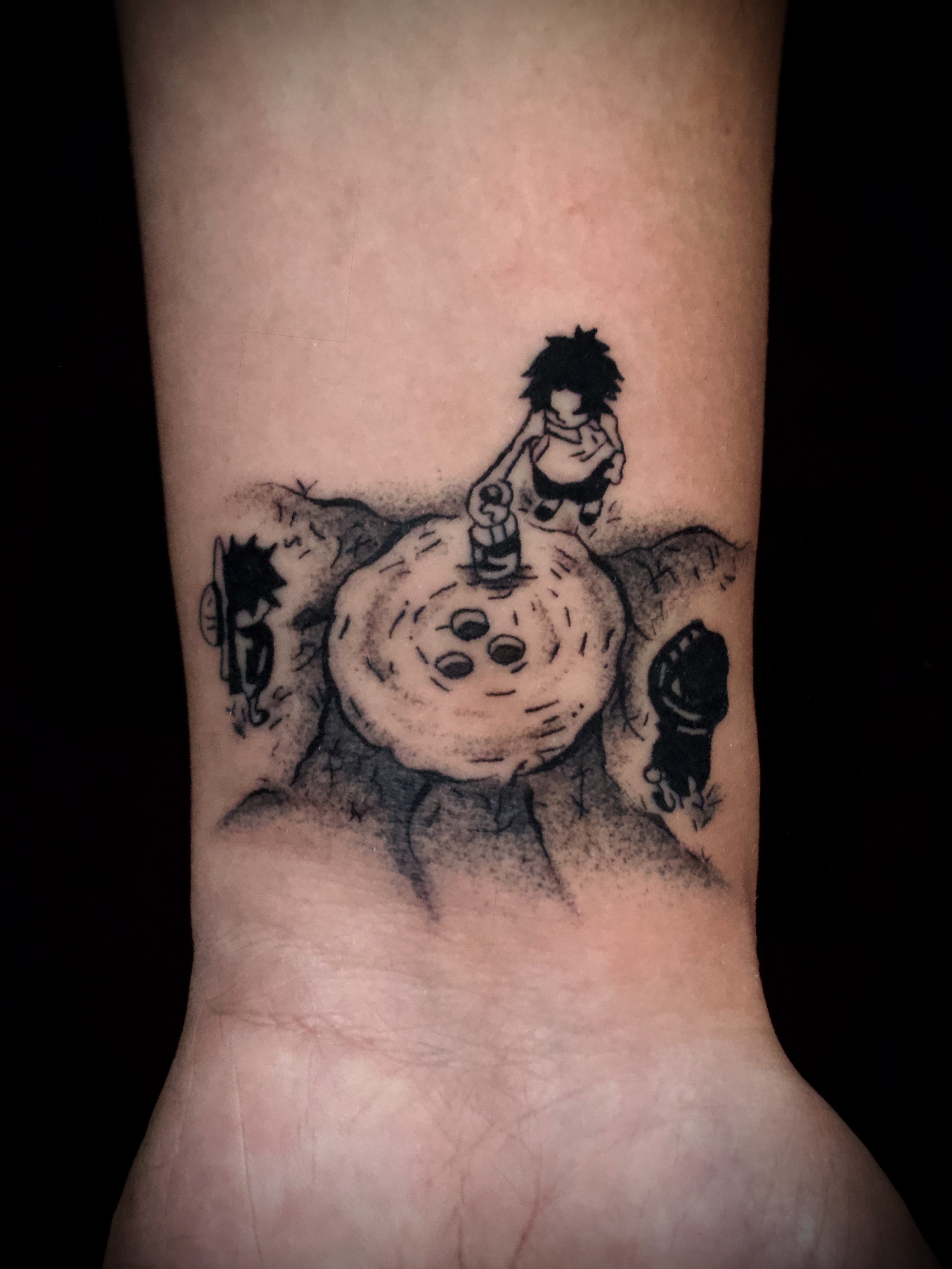 Anime characters dotwork tattoo on the forearm by Kanya, Alhambra, California