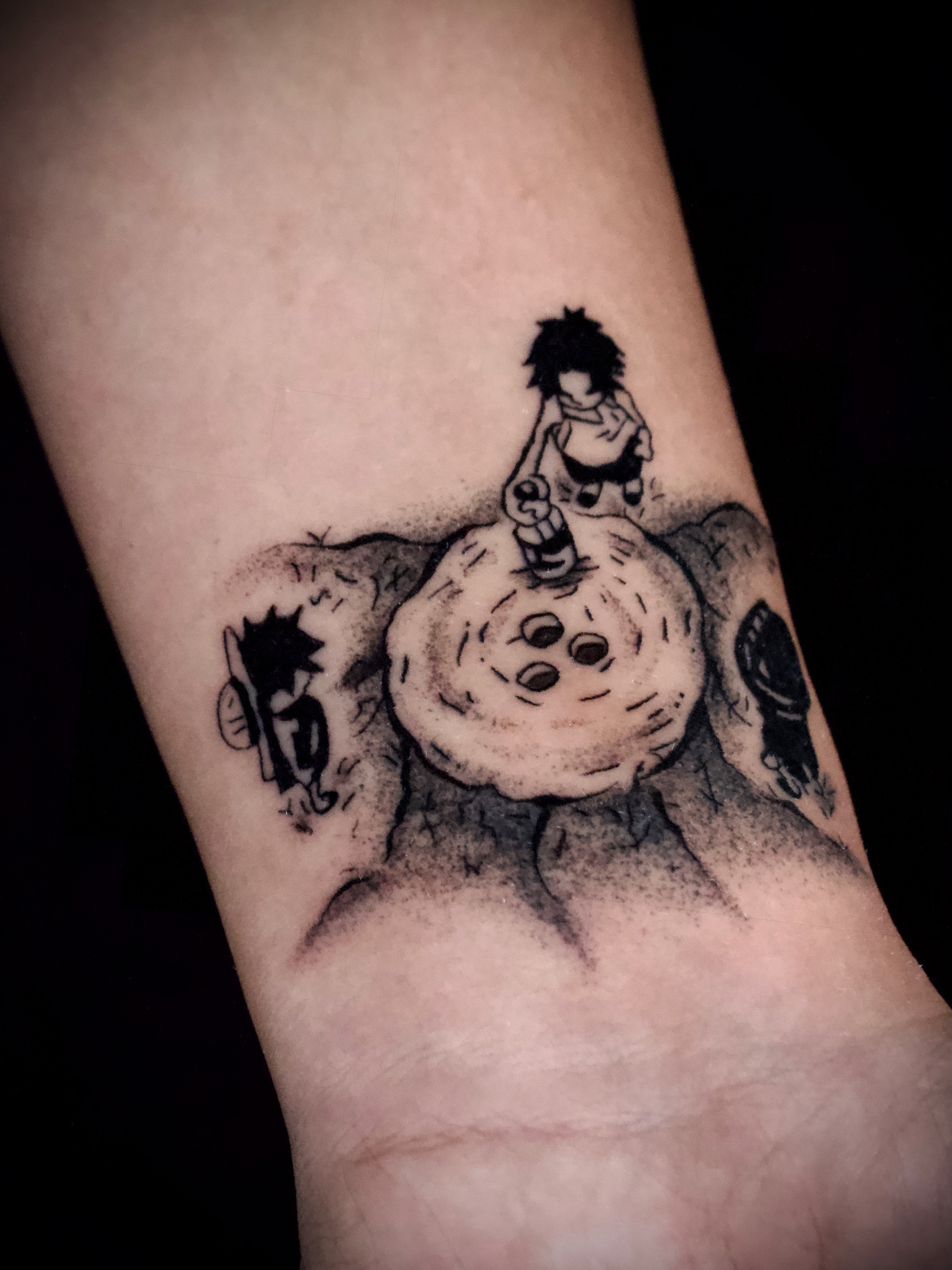 Child on mushroom dotwork tattoo on the forearm by Kanya, Alhambra, California