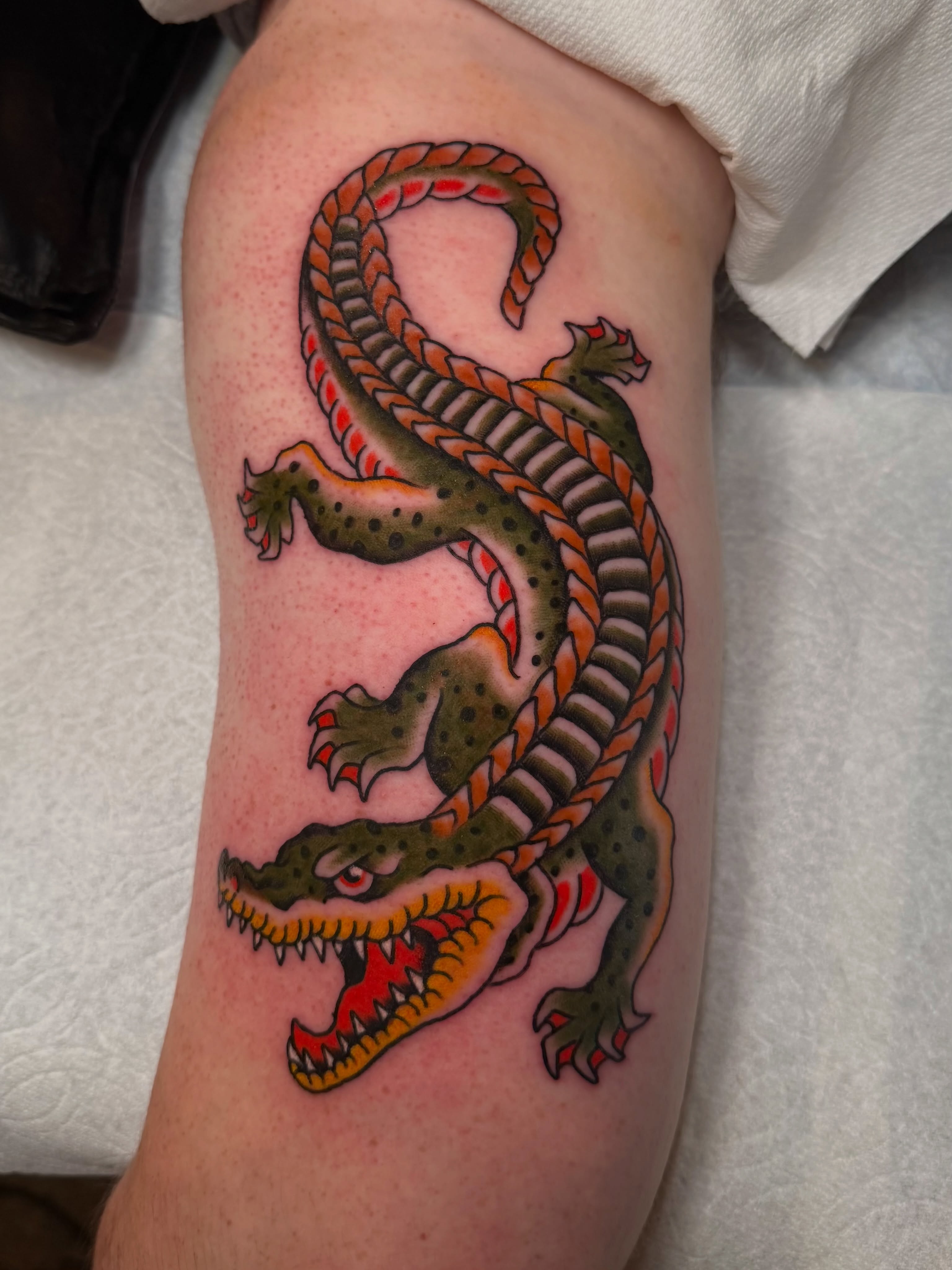 Dragon American traditional tattoo on the forearm by Tyler Brown, San Diego, California