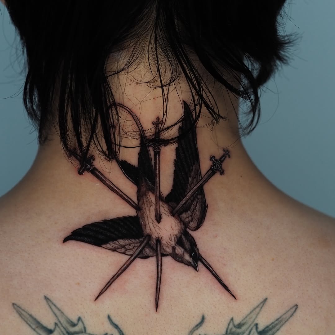 Bird impaled by swords fine line tattoo on the neck by Sara
