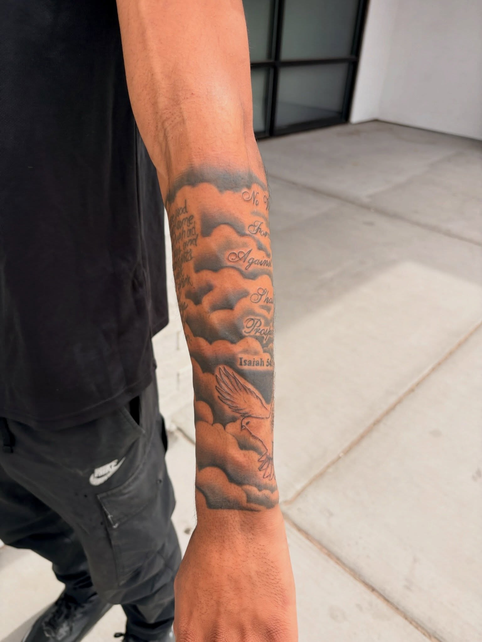 Clouds and dove realism tattoo on the forearm by tati 🇬🇺🇵🇭