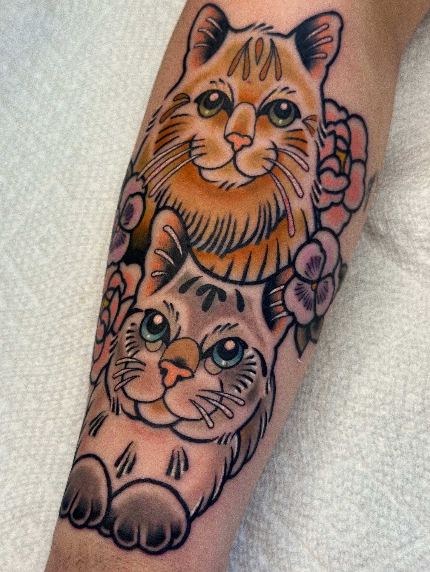 Cats and flowers American traditional tattoo on the forearm by 𝕷𝖆𝖚𝖗 𝕷𝖆𝖚𝖗