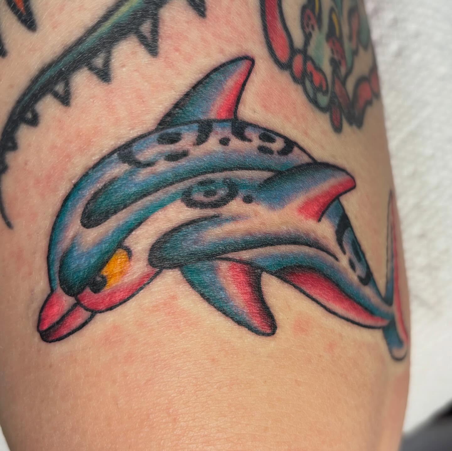 Dolphin American traditional tattoo on the upper arm by ❁ Tat2friend ❁