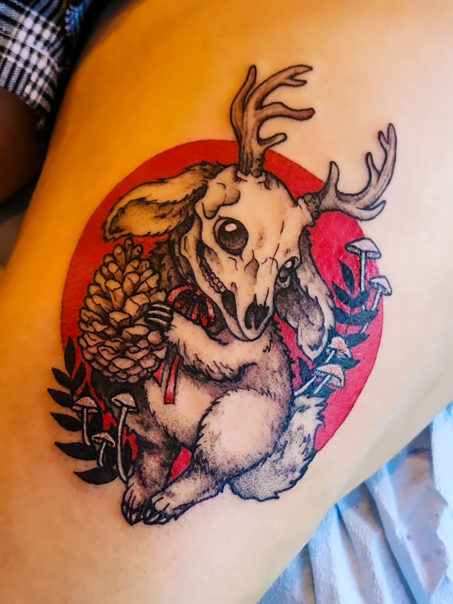 Deer skull American traditional tattoo on the thigh by Amanda Boyd - Duh!
