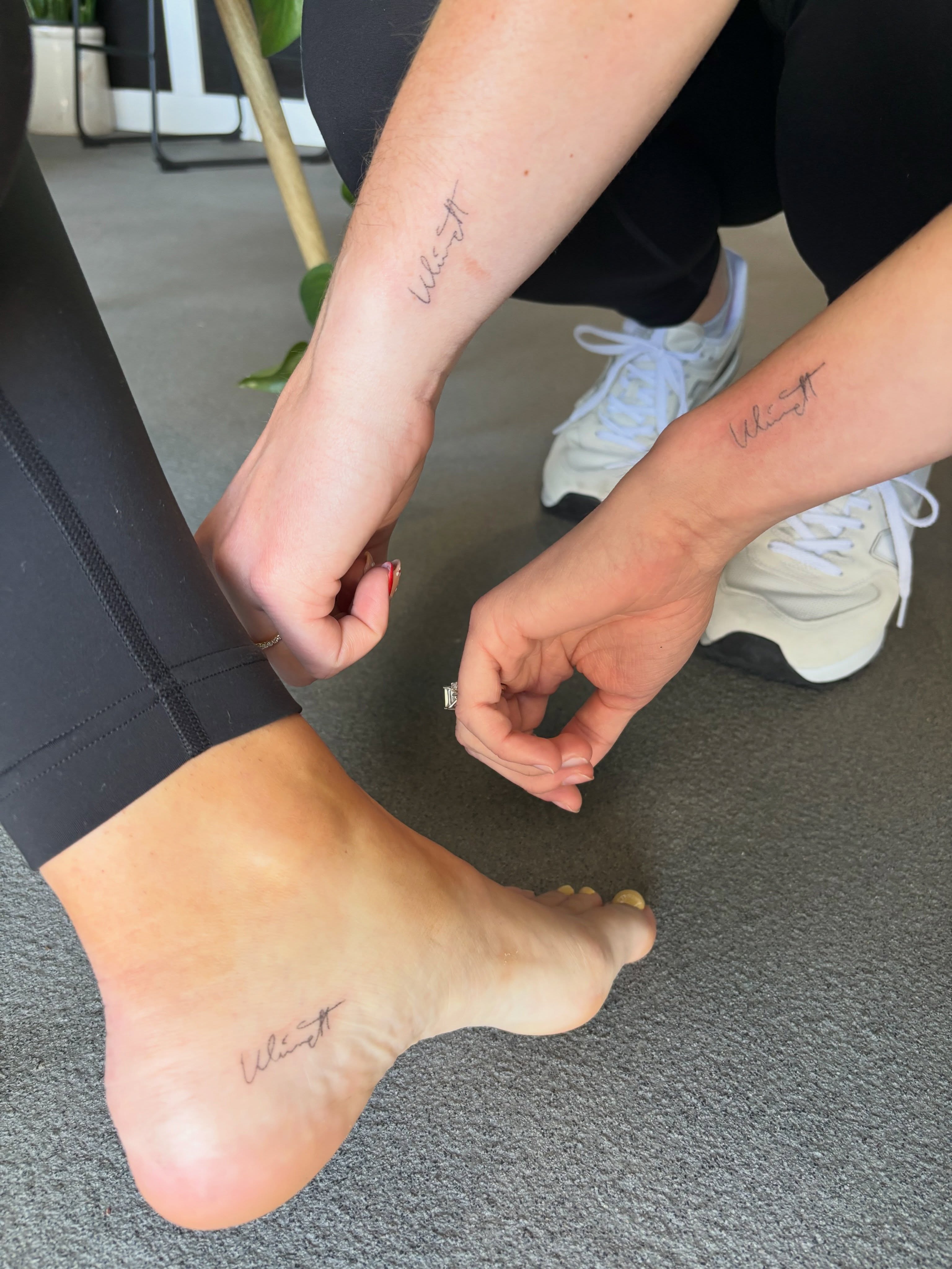 Script lettering lettering script tattoo on the foot by Ashley, Elk Horn, Iowa