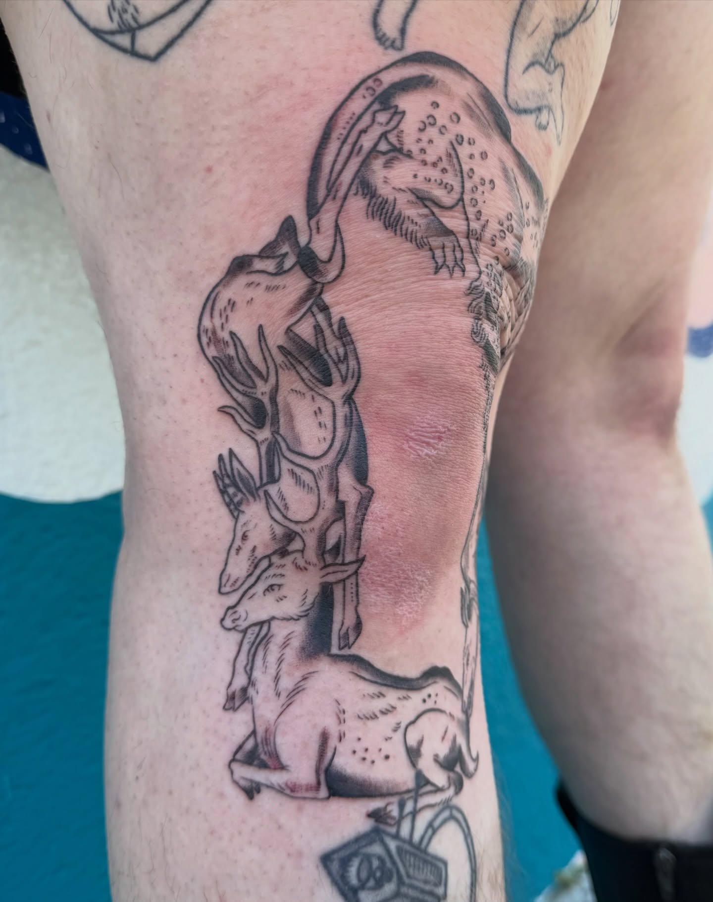 Deer and stag black and grey tattoo on the thigh by Roswell Orellana 👽🛸