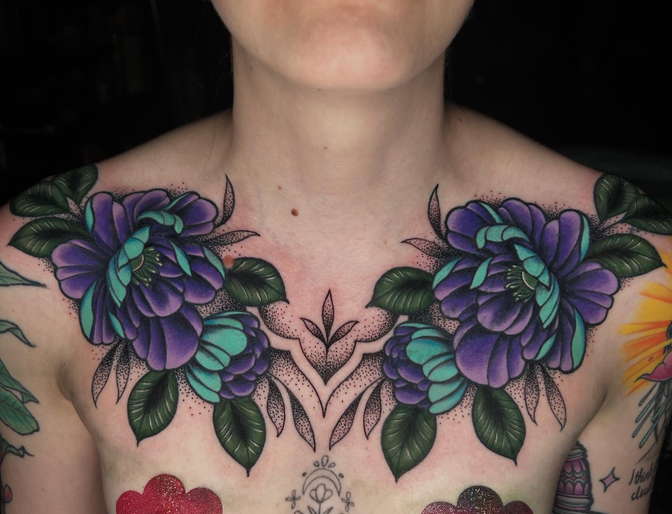 Floral arrangement dotwork tattoo on the chest by Mary Rose Heckle