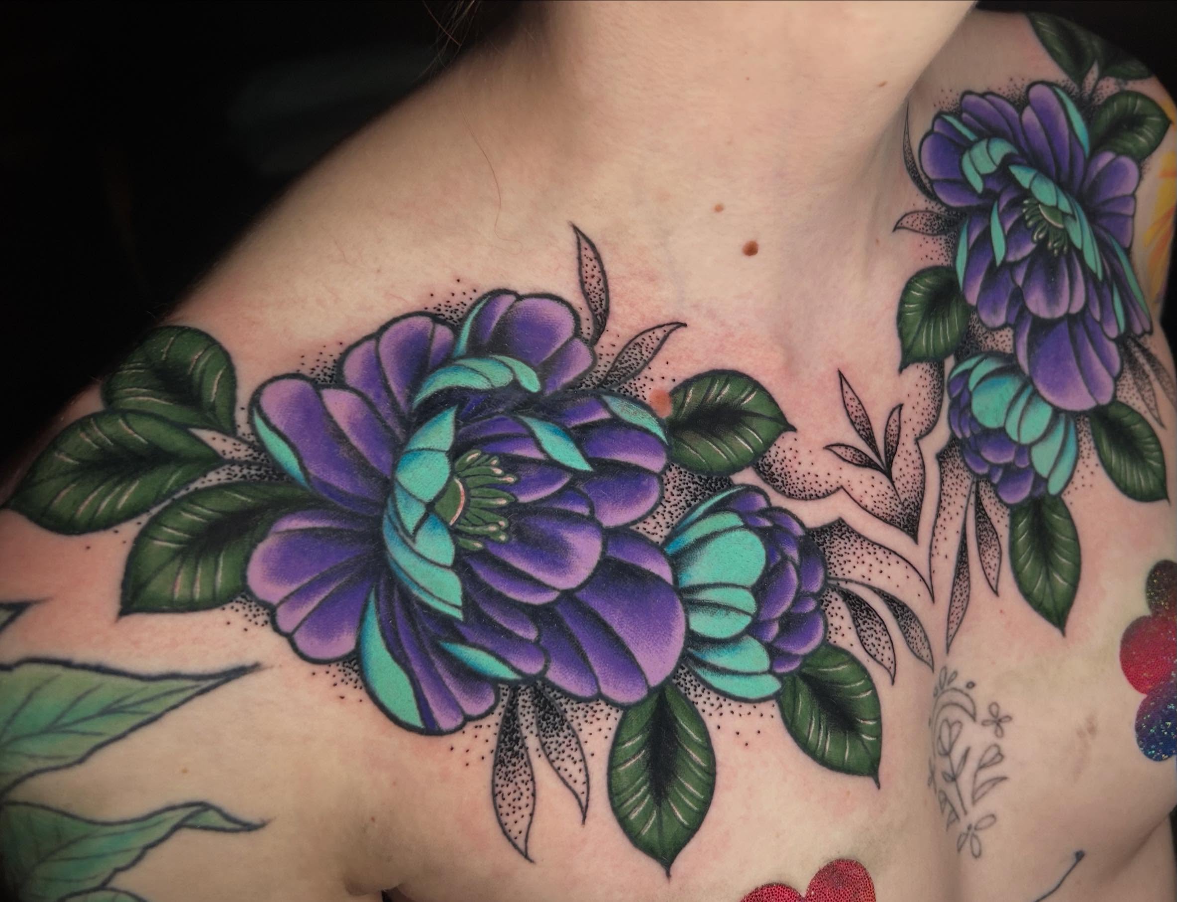 Purple flowers dotwork tattoo on the chest by Mary Rose Heckle