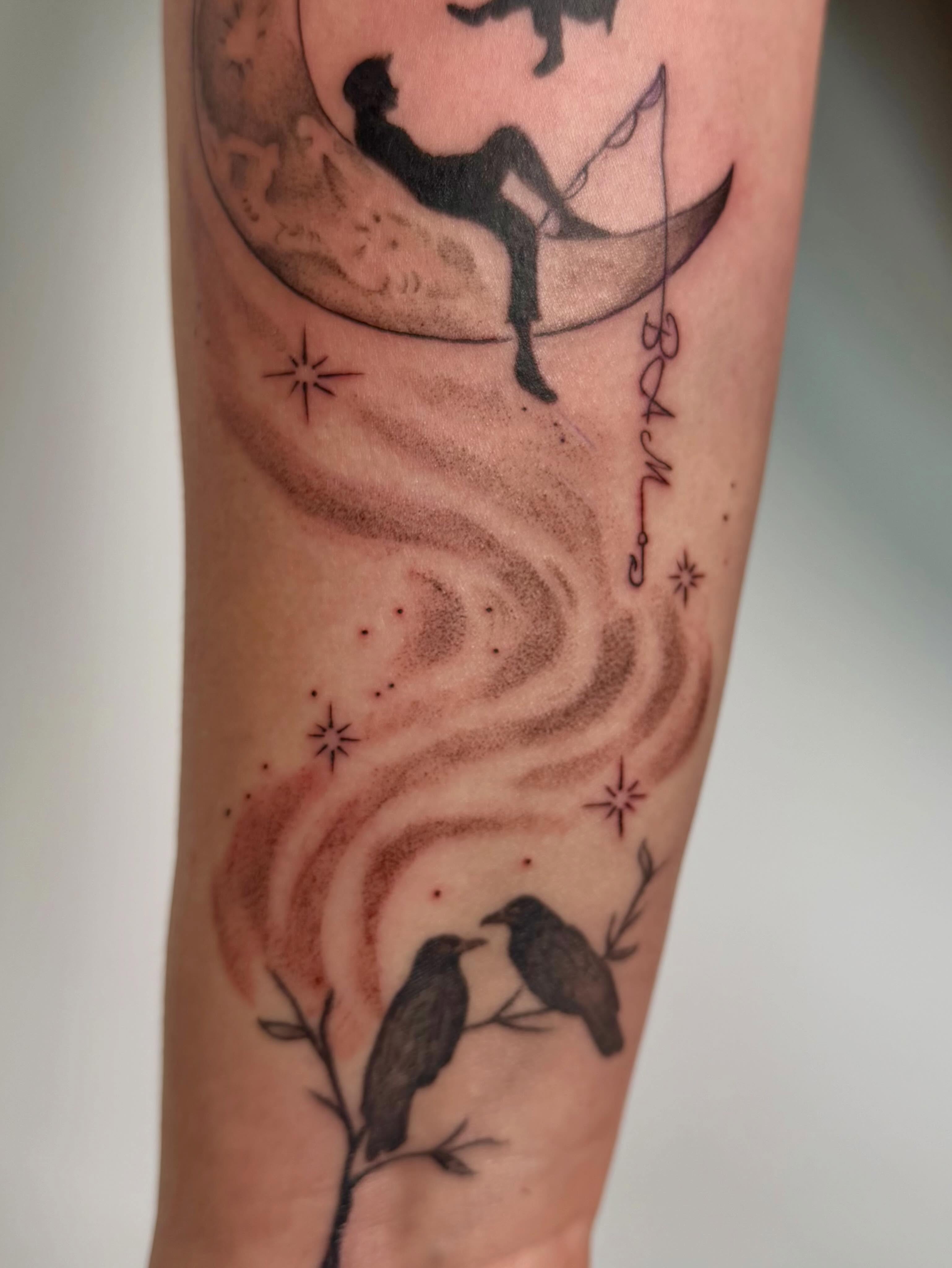Astronaut and birds dotwork tattoo on the forearm by Bailee