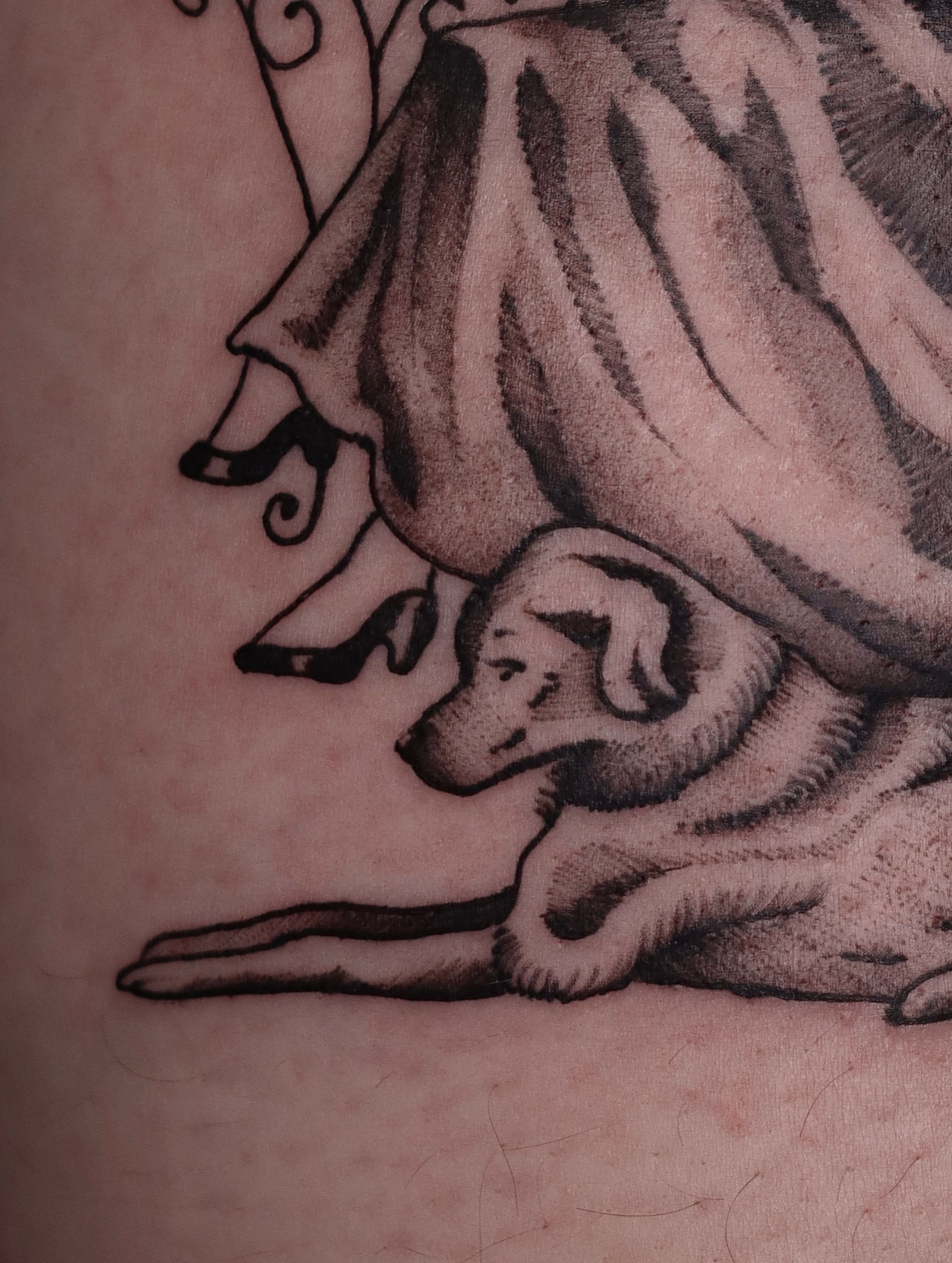 Dog and woman black and grey tattoo on the thigh by Nik Checots