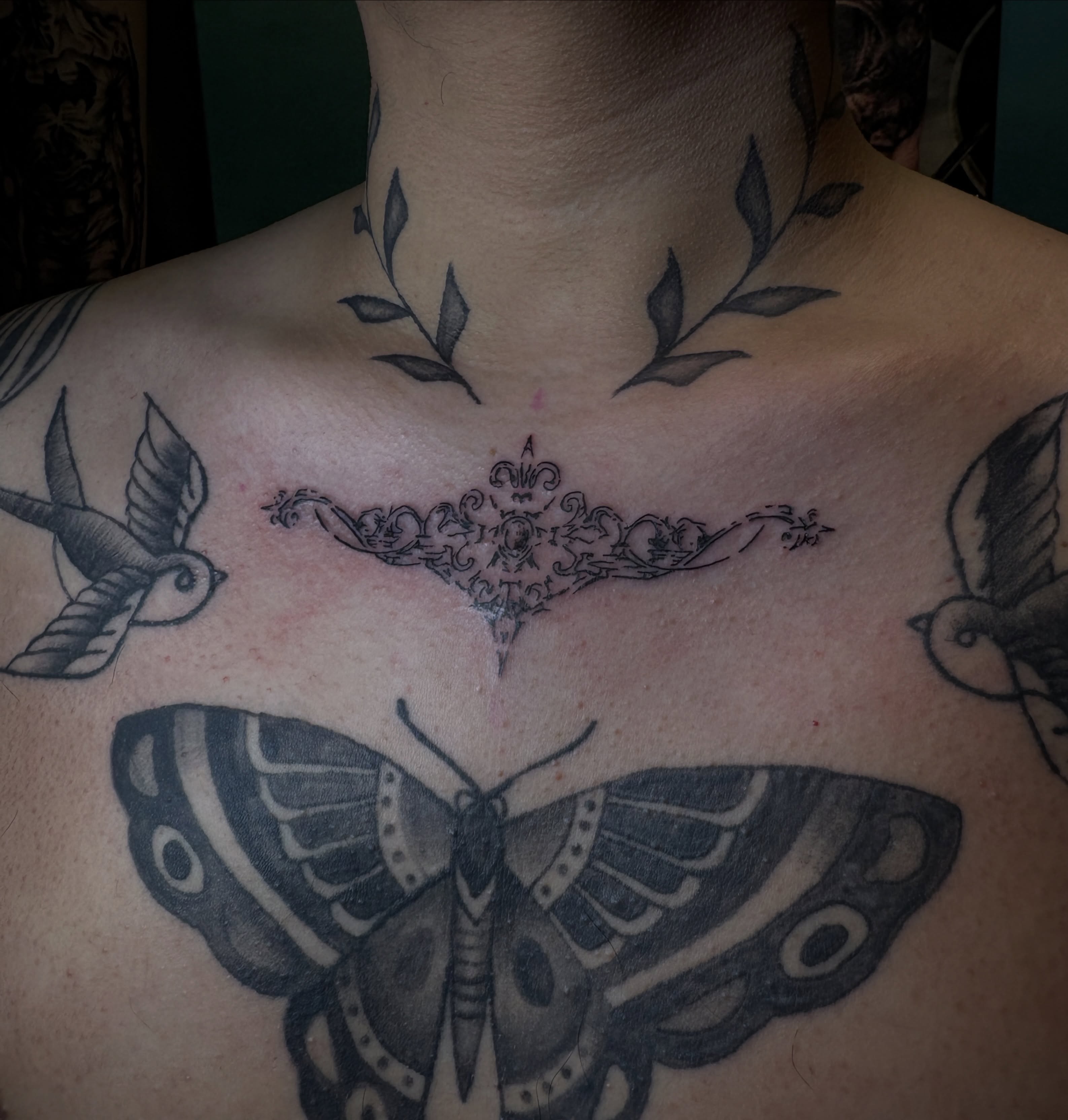 Butterfly black and grey tattoo on the chest by ⋆.˚ ☾ .⭒˚ alaina