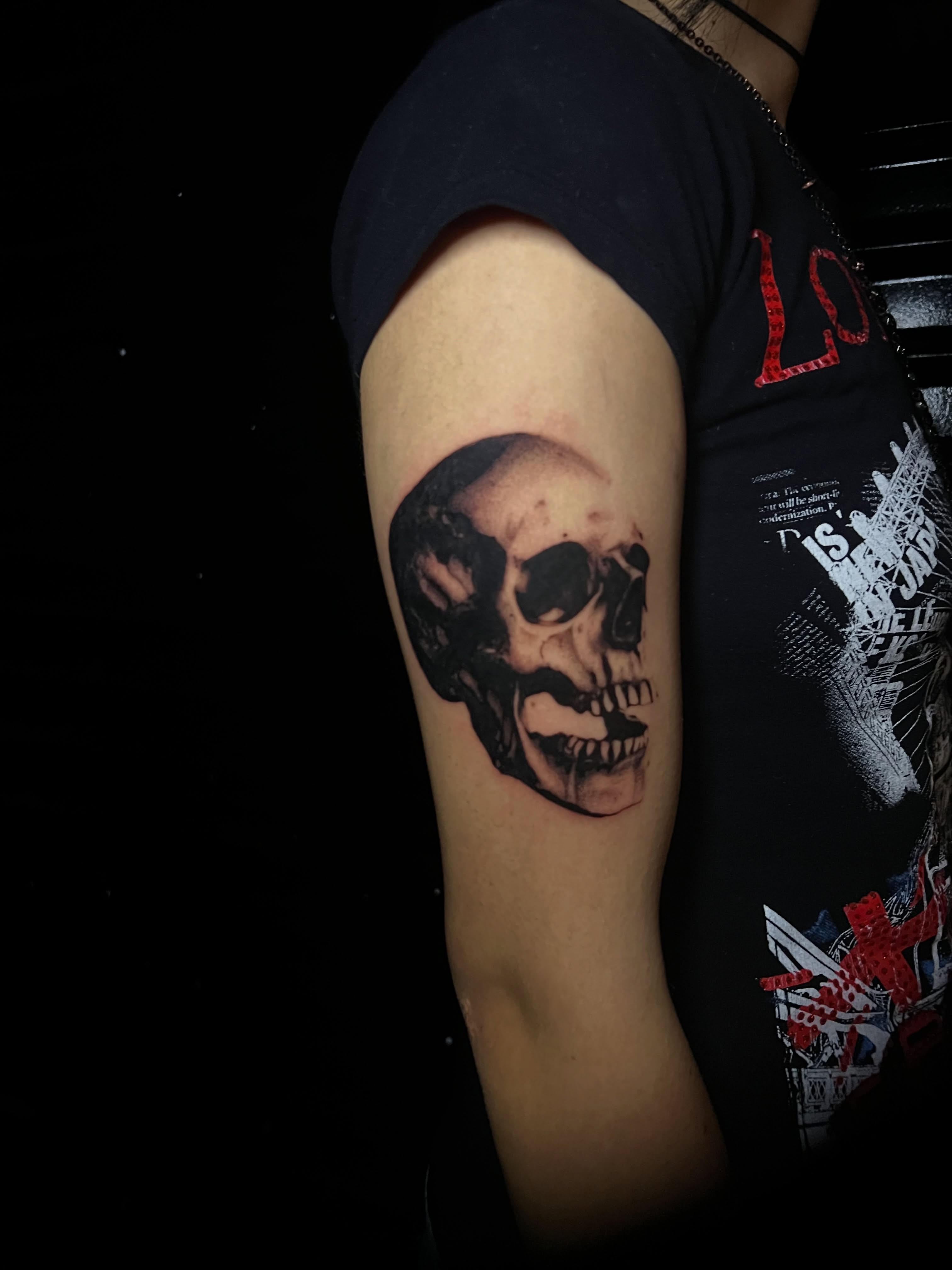Skull realism tattoo on the forearm by @halfwit__