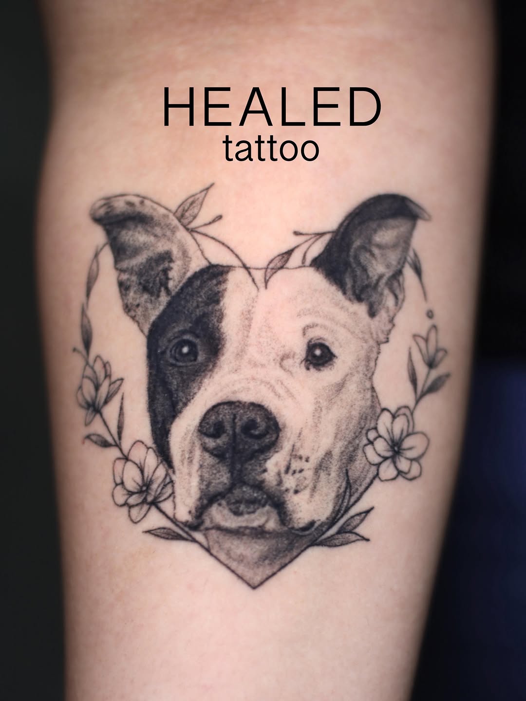 Dog portrait with flowers realism tattoo on the forearm by 𝐒𝐡𝐞𝐫𝐥𝐥𝐲