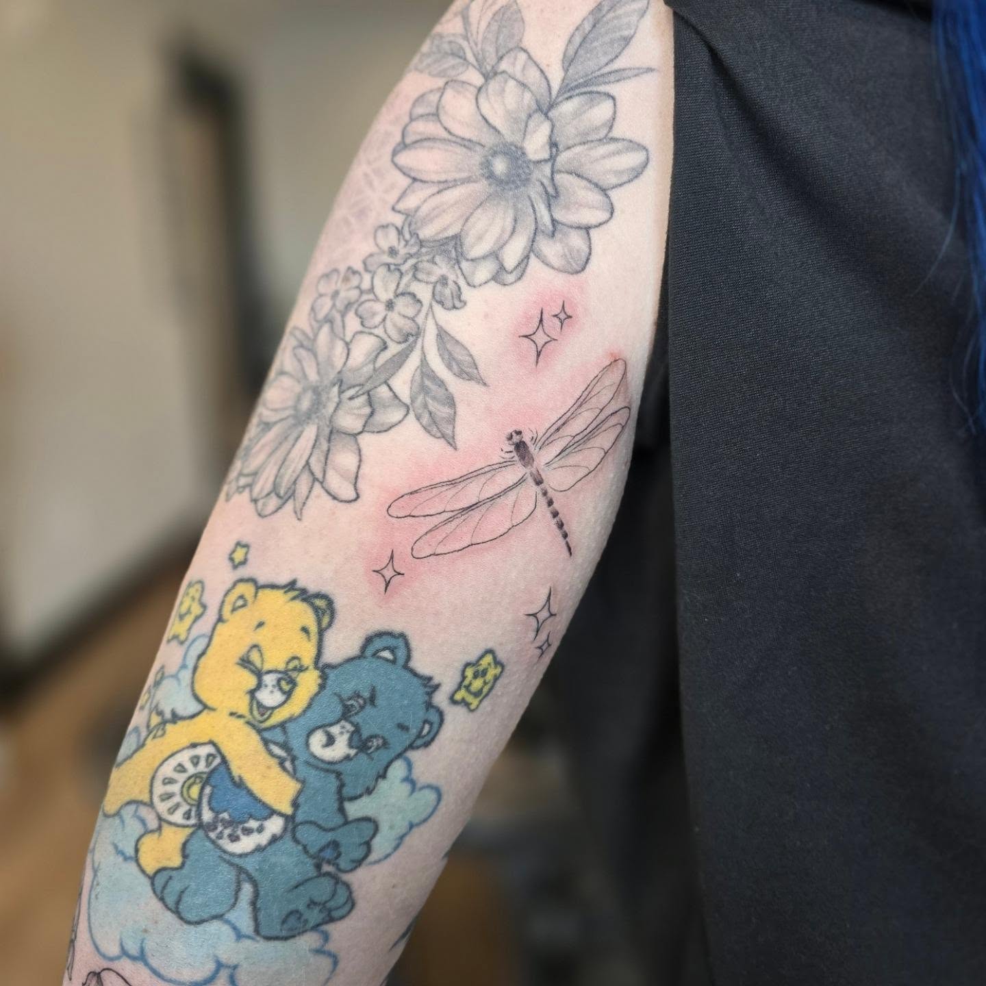 Care bears and dragonfly new school tattoo on the forearm by 🖤🥀🐉Taylor Nichole👻🌙✨️