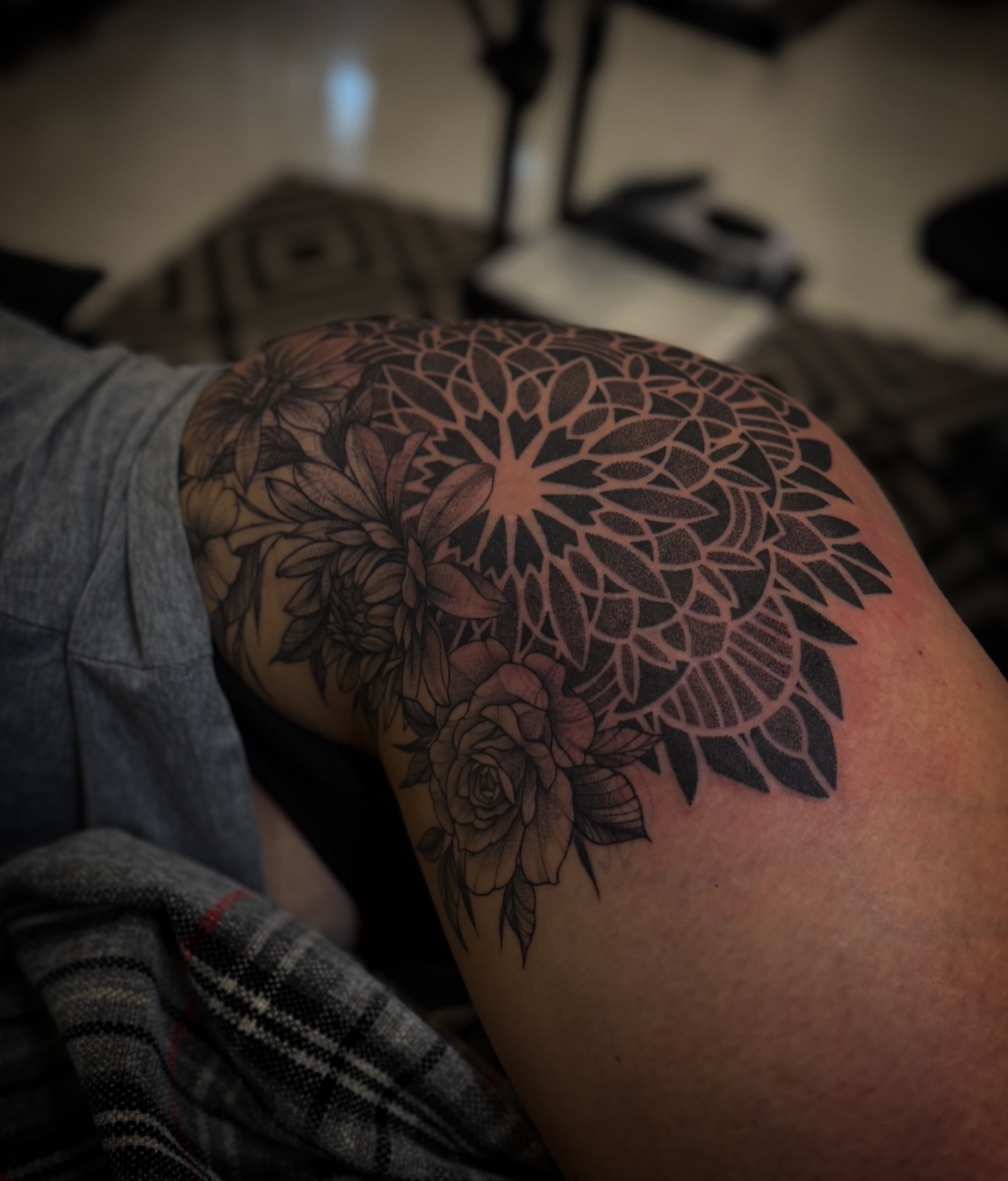 Floral mandala geometric tattoo on the shoulder by Rikky Bobby, Mesa, Arizona