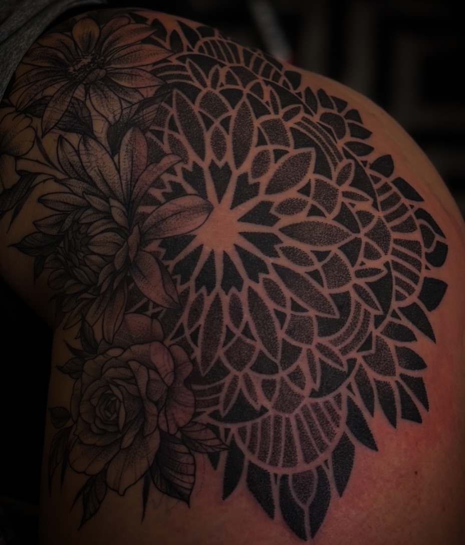 Tattoo by @rikkybobbytattoo — dotwork, black_and_grey